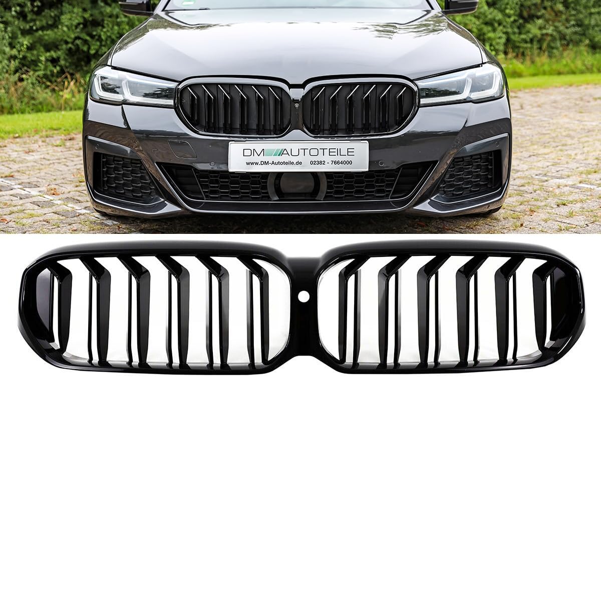 DM Autoteile Sport Doppelsteg Kühlergrill schwarz kompatibel für BMW 5er G30 G31 LCI Facelift mit Frontkamera