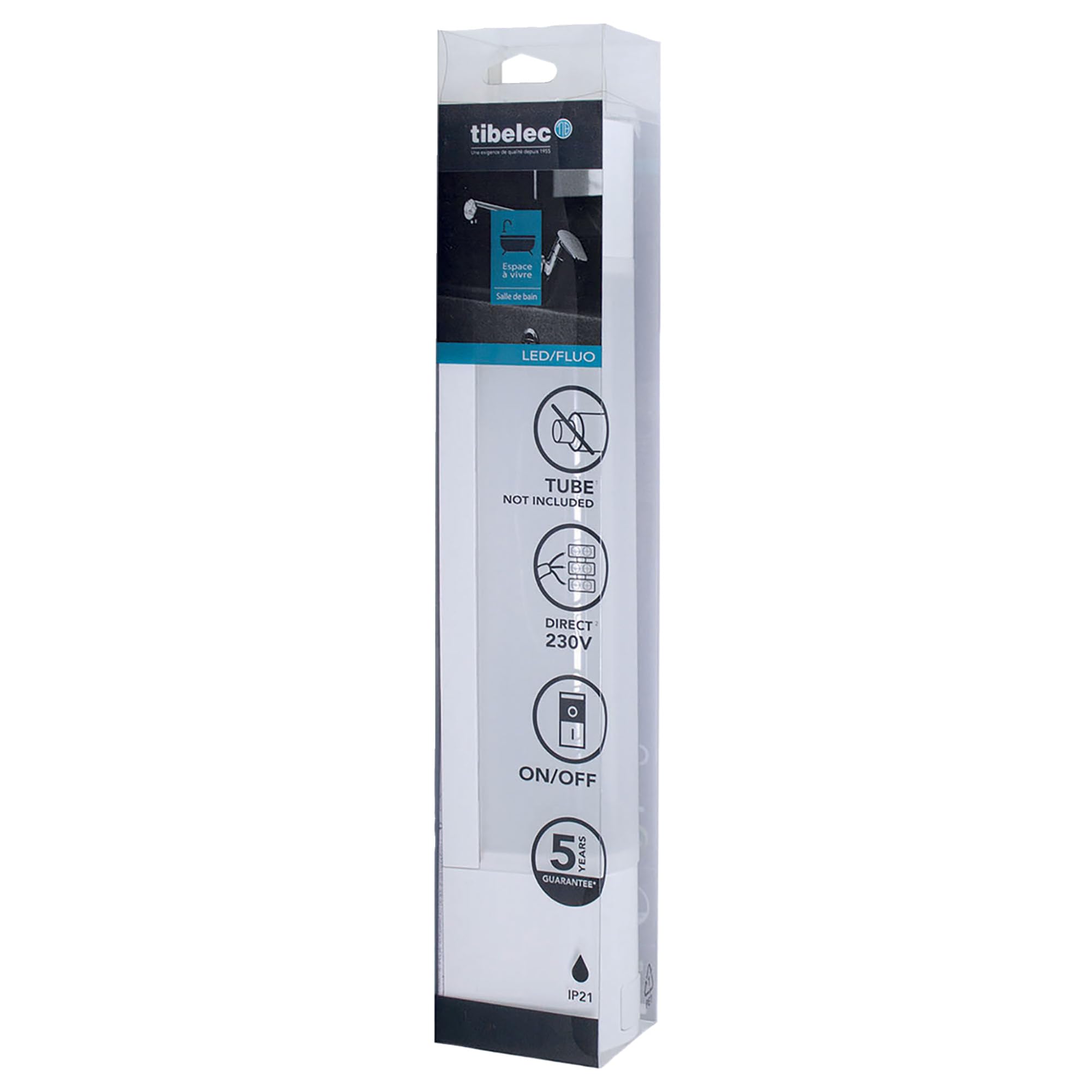TIBELEC Applique sans tube, Blanc 13W max, IP21, interrupteur on/off, culot S19, bornier intégré, garantie 5 ans
