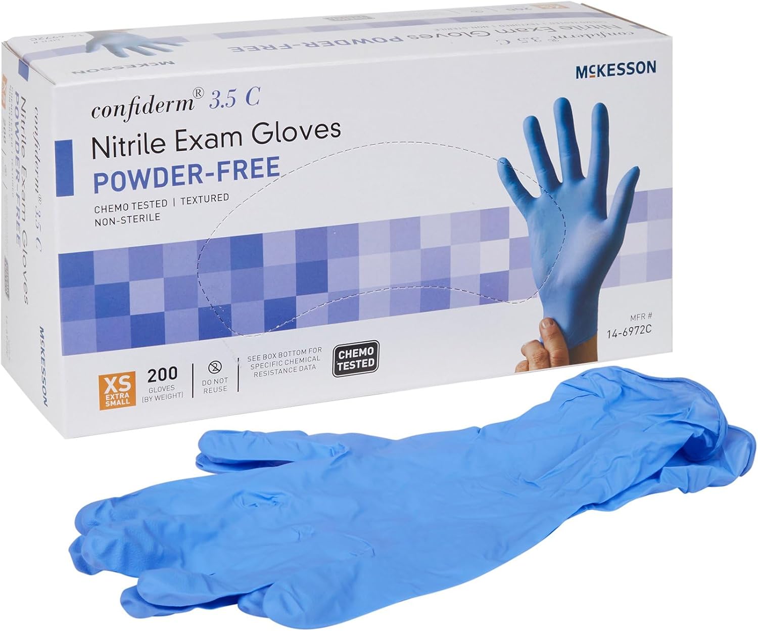 McKesson Confiderm 3.5C Nitrile Exam Gloves - Powder-Free, Latex-Free, Ambidextrous, Textured Fingertips, Chemo Tested, Non-Sterile - Blue, Size XS, 200 Count, 10 Boxes, 2000 Total