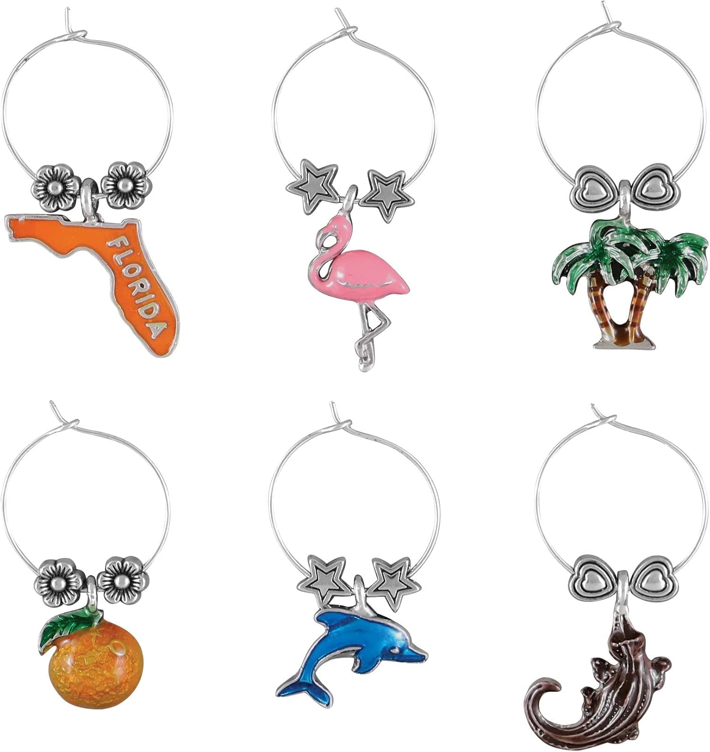 Supreme Housewares Florida Wine Charms, Zinc Alloy Wine Glass Tags for Stem Glasses, Drink Markers Identifiers for Parties, Tastings, and Entertaining, Multicolor, Set of 6