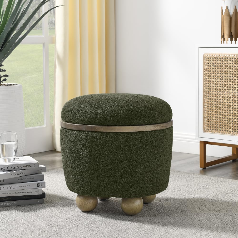 Round Storage Stool, Storage Stool with Storage Space and Cushioned seat, Available in Bedroom, Living Room, entryway-Dark Green