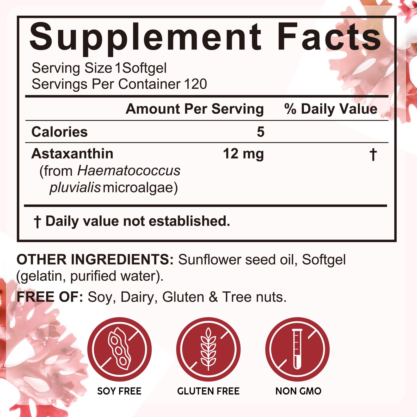 Premium Astaxanthin 12mg, Natural Antioxidant Supplement for Eye, Joint, Skin Health,Microalgae Source, 4 Month Supply | Supports Internal Circulation, 120 Softgels