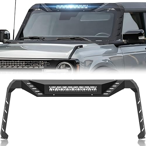 for Bronco Madmax Windshield Frame Cover with LED Light Bar Insert Front Roof Sun Visor Cowl Body Armor Compatible with 2021 2022 2023 2024 2025 2026 Ford Bronco, Windscreen Rack Protector Stand