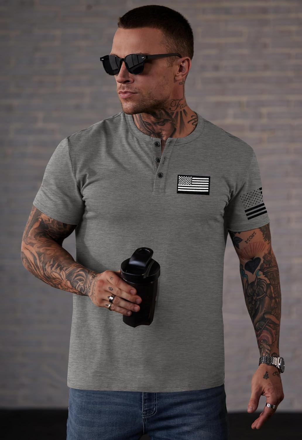 Men's Patriotic Henley Shirts Muscle Distressed American Flag 1776 Vintage T-Shirts (S-3XL)