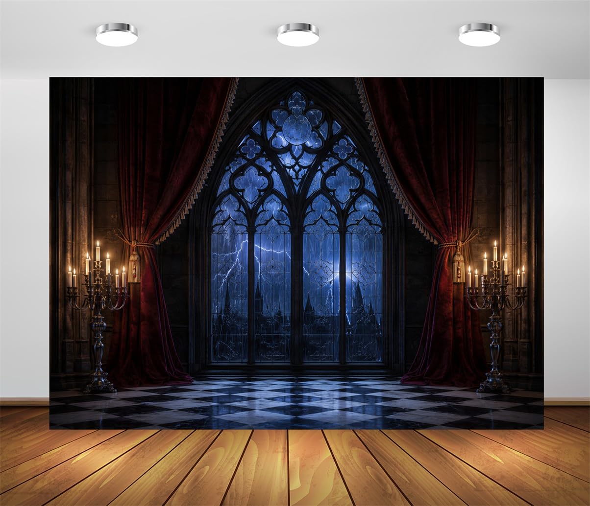 BELECO 3x2.5m Sfondo in tessuto Camera Castello Gotico Halloween | Finestra In Vetro Ad Arco Spaventosa Tempesta Tenda Candeliere Sfondo Medievale Oscuro Orrore Telo Di Sfondo