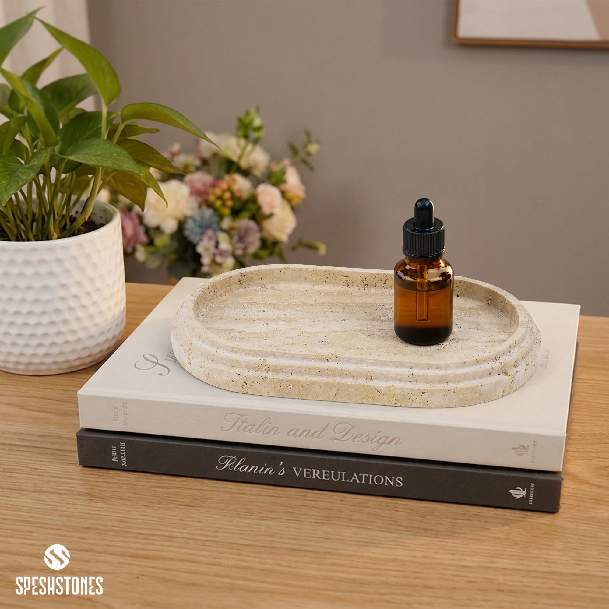 SPESHSTONES Vassoio in travertino da 24 cm, in marmo fatto a mano, per accessori da bagno, vassoi decorativi per tavolino da caffè e portacandele, vassoio per gioielli, organizer per profumi per