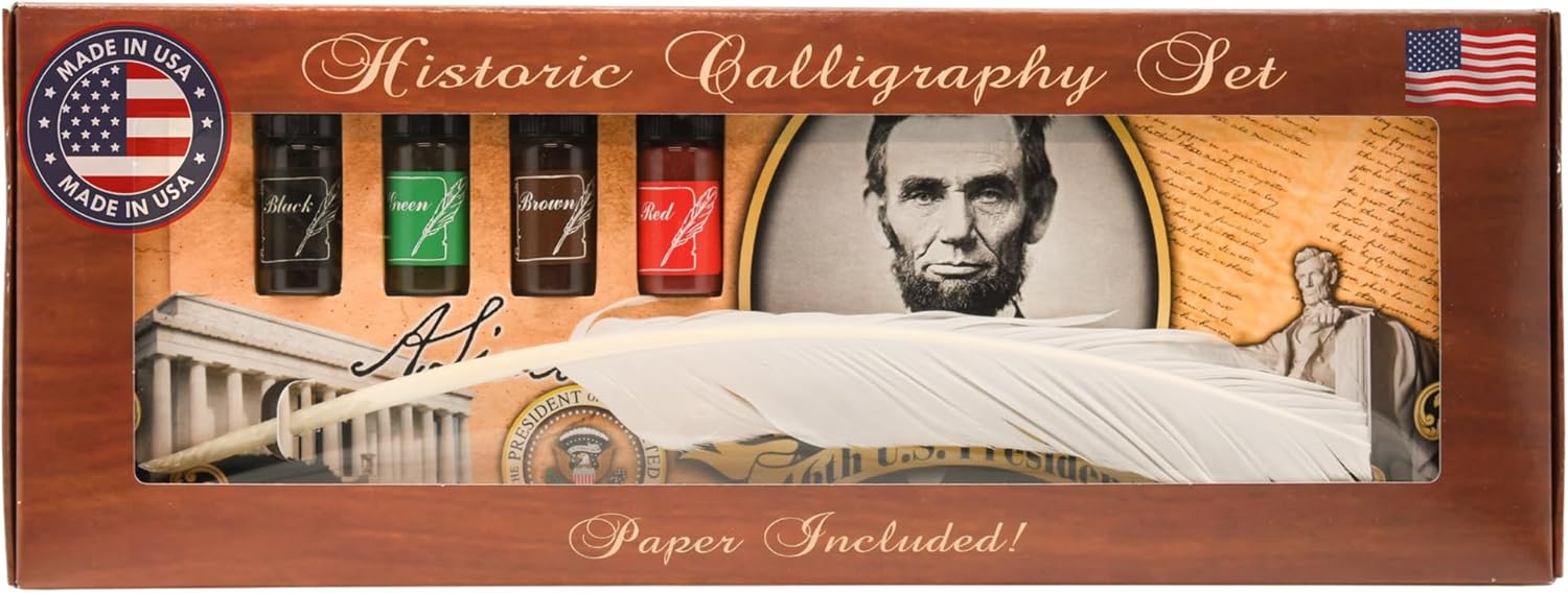 Quill Pen And Ink Set - Includes Goose Feather Pen, Colored Ink & Parchment Paper Sheets - Ideal Calligraphy Kits for Beginners, Journaling Supplies, Stationary Set, Art Supplies - 10" Office Decor