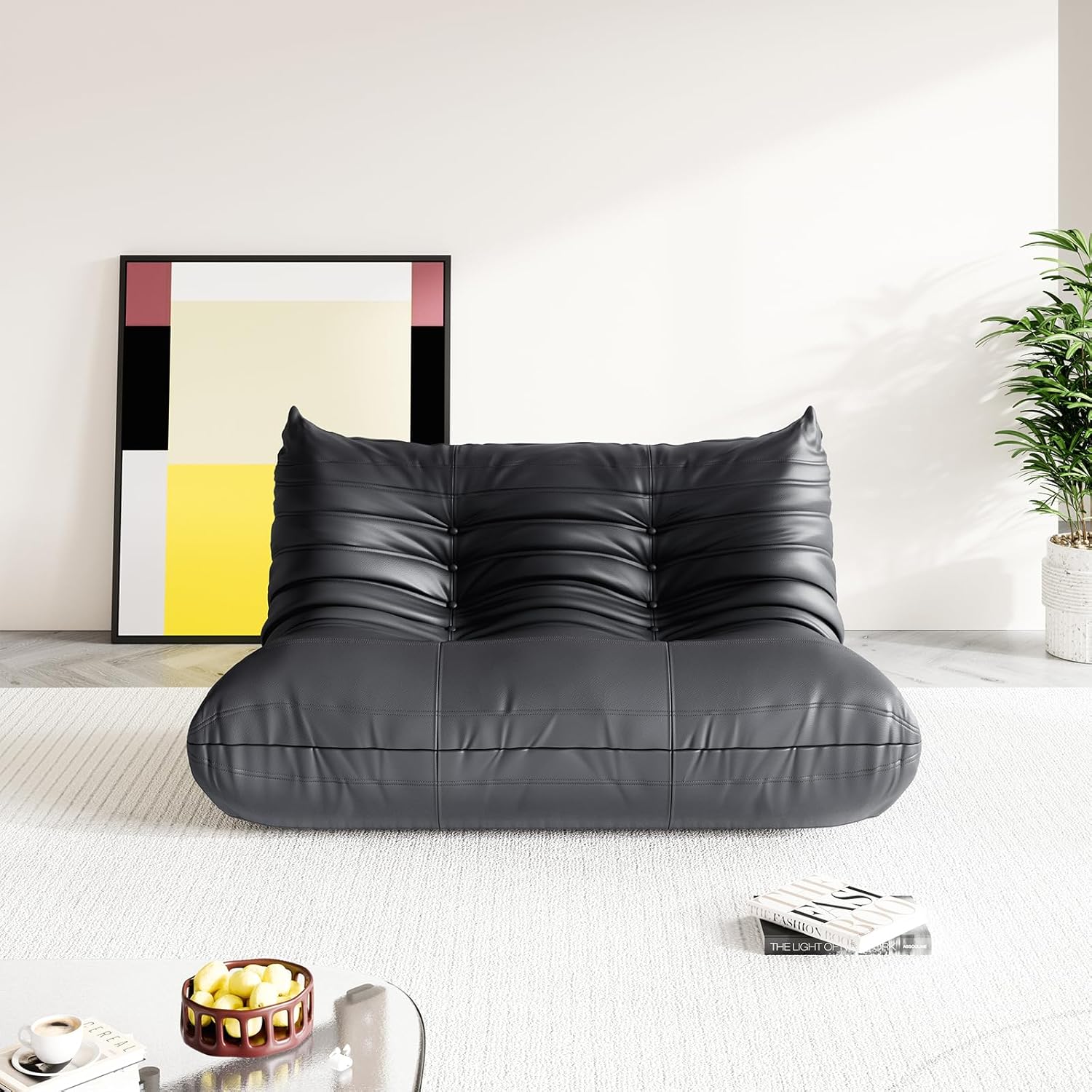 Fireside Corner Bean Bag Chairs for Adults,Comfy Lazy Floor Sofa Couch, Soft Lounge Foam-Filled Couches Loveseat Chair for Living Room Bedroom Office,Black