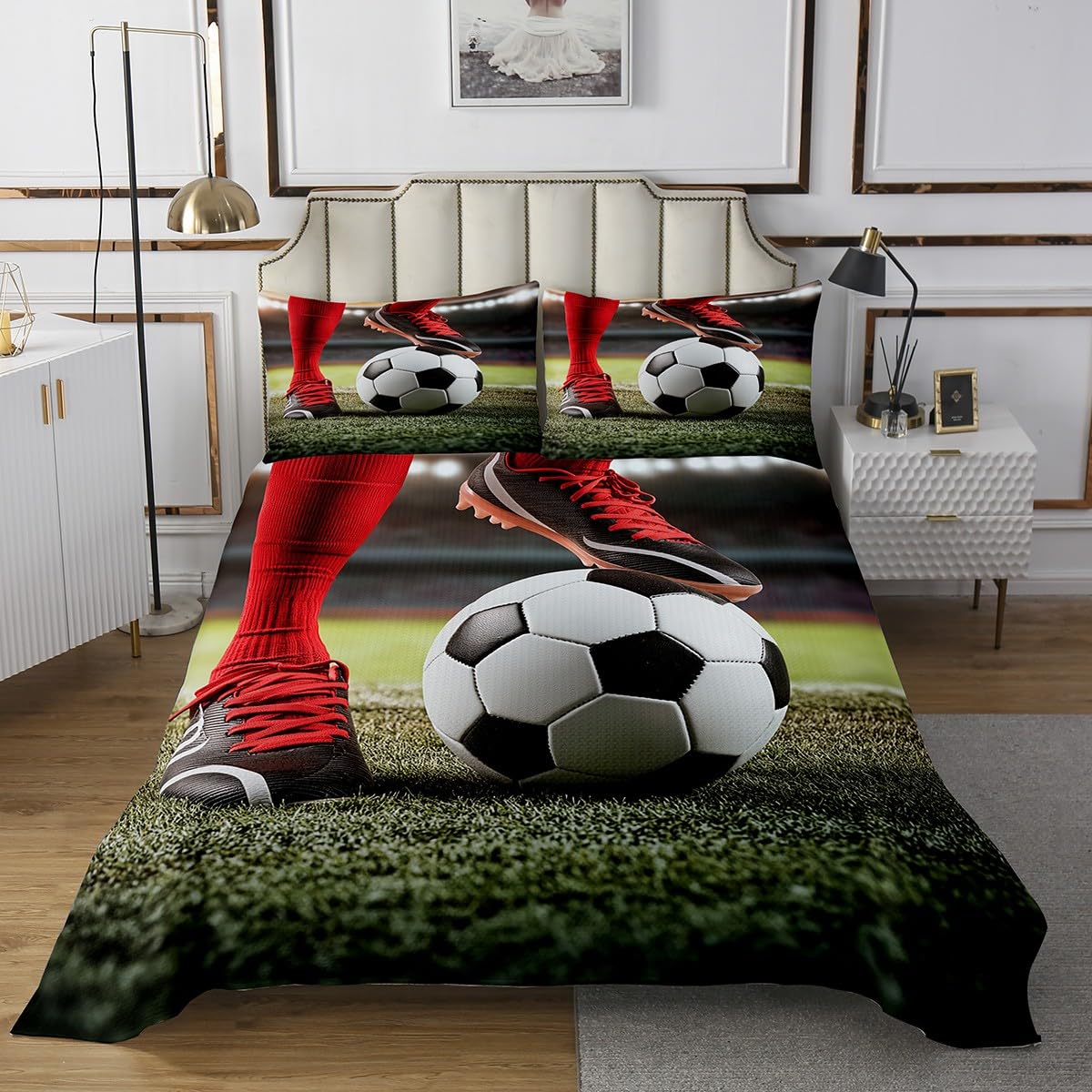 Erosebridal Boys Soccer Coverlet Set Footballer Bedspread European Sports Bedding Set for Kids Child,Player Field Quilt Set Competitive Games Teamwork Bedroom Decor King Size
