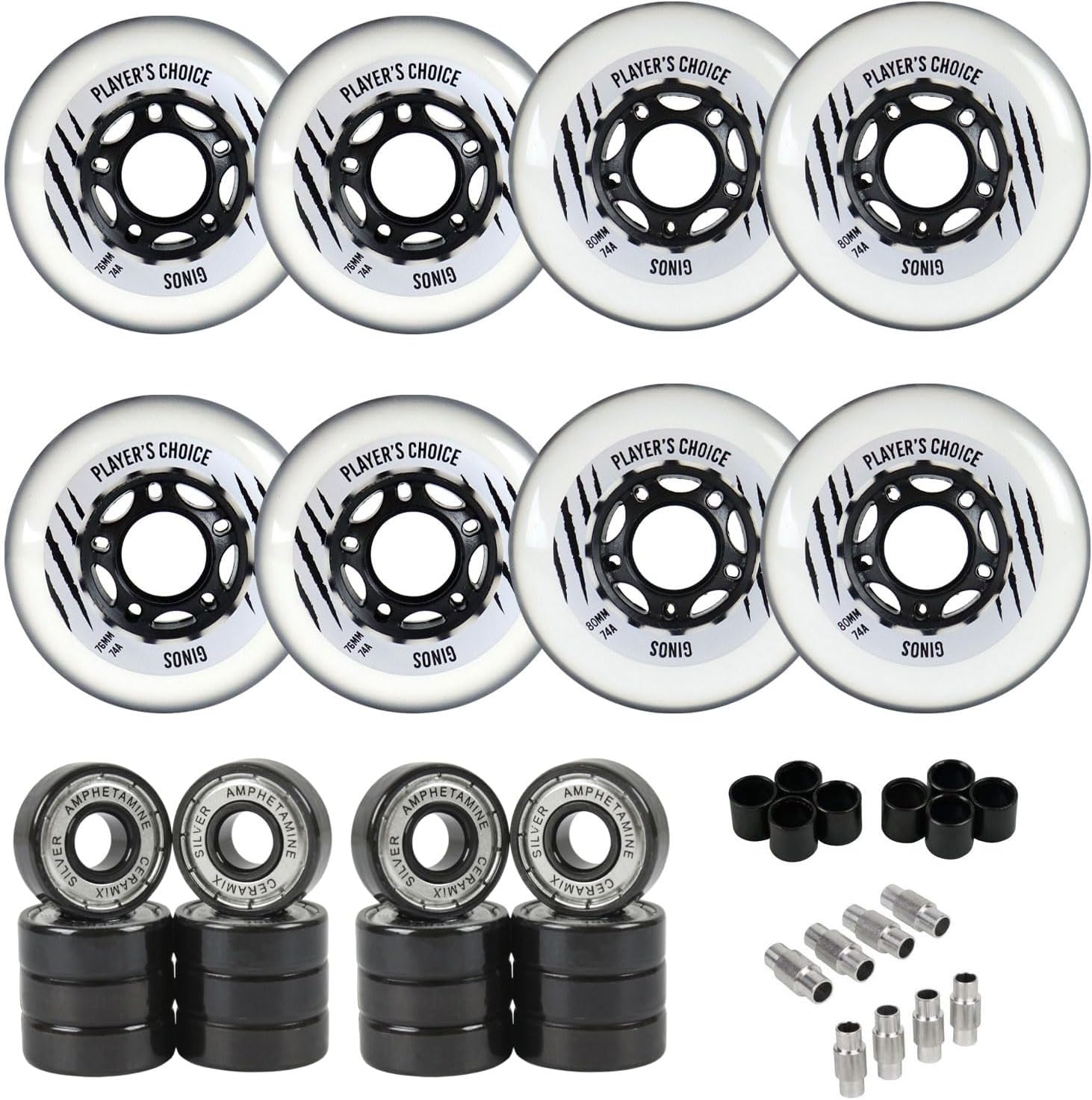 Player's Choice Indoor Roller Hockey Wheels 8-Pack with Ceramic Silver Bearings and Spacers - Ginos Clear Grey Dual-Pour 74A Hardness for Skates - Super High Rebound Urethane
