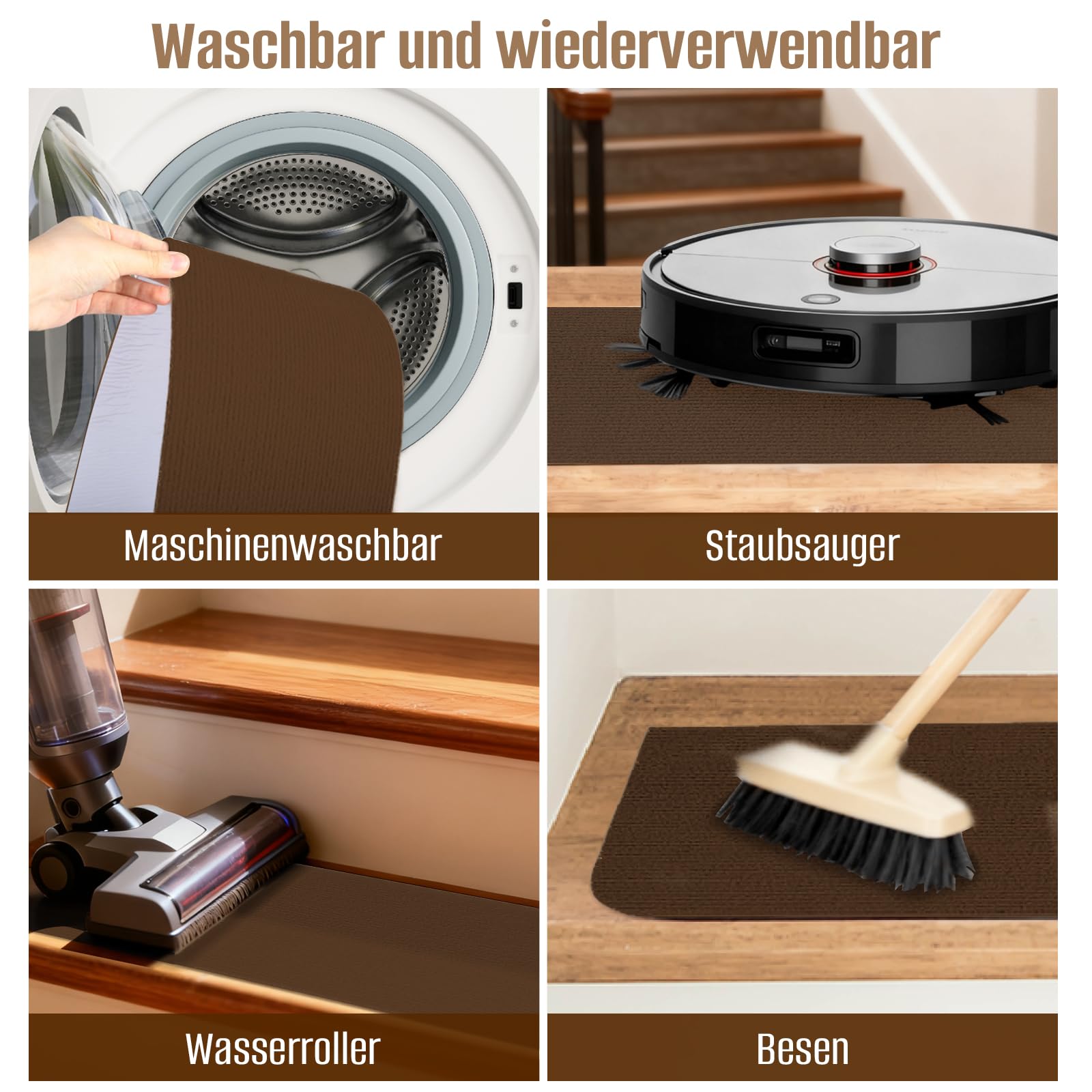 Stufenmatten Selbstklebend, Anti-Rutsch Treppen Teppich, 15 Stück Treppenstufen Matten, 76x20 cm Treppenschutzmatten für Innen, Ideal für Kinder, Senioren und Haustiere（Braun）