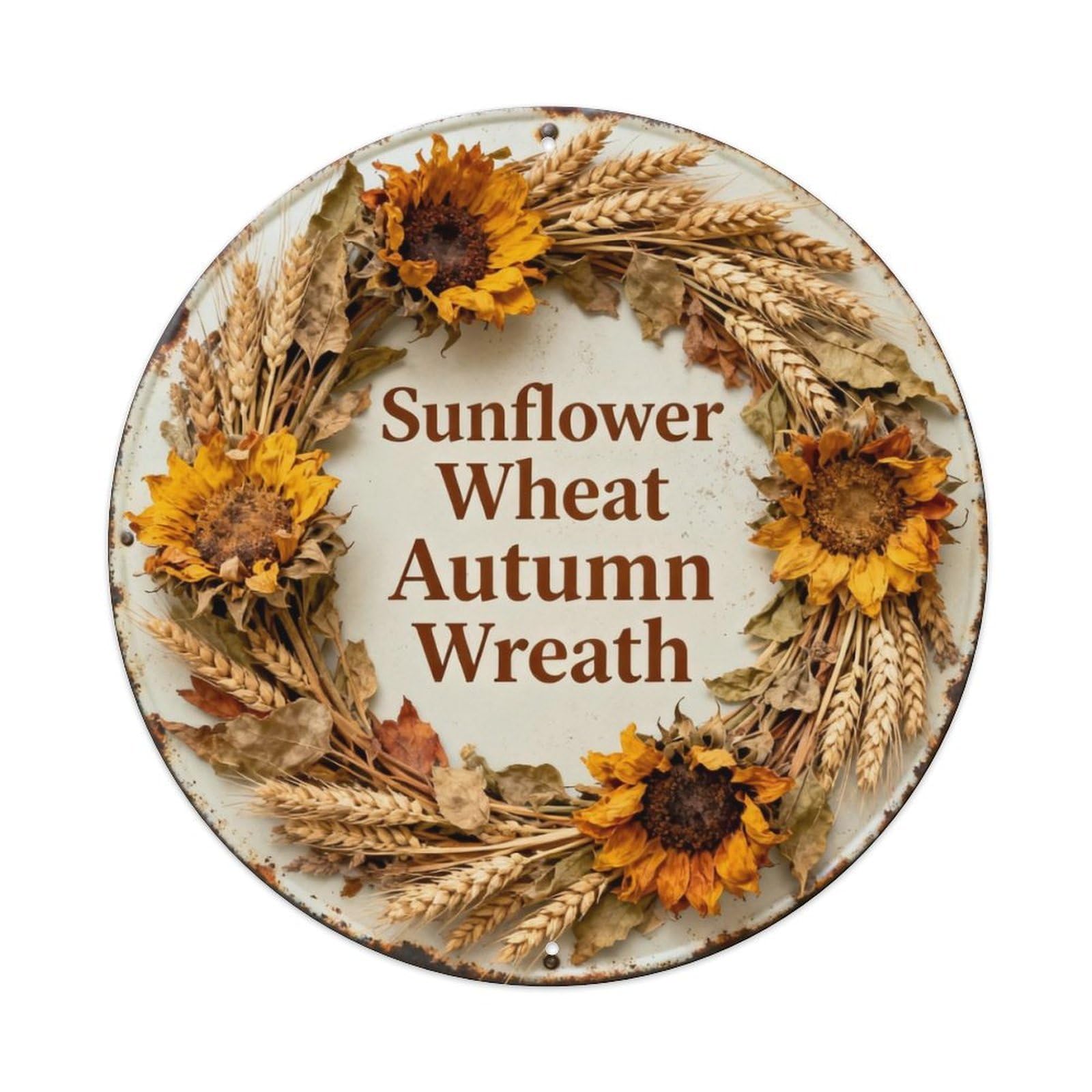 Sunflower Wheat Autumn Wreath Metal Tin Sign Plaque