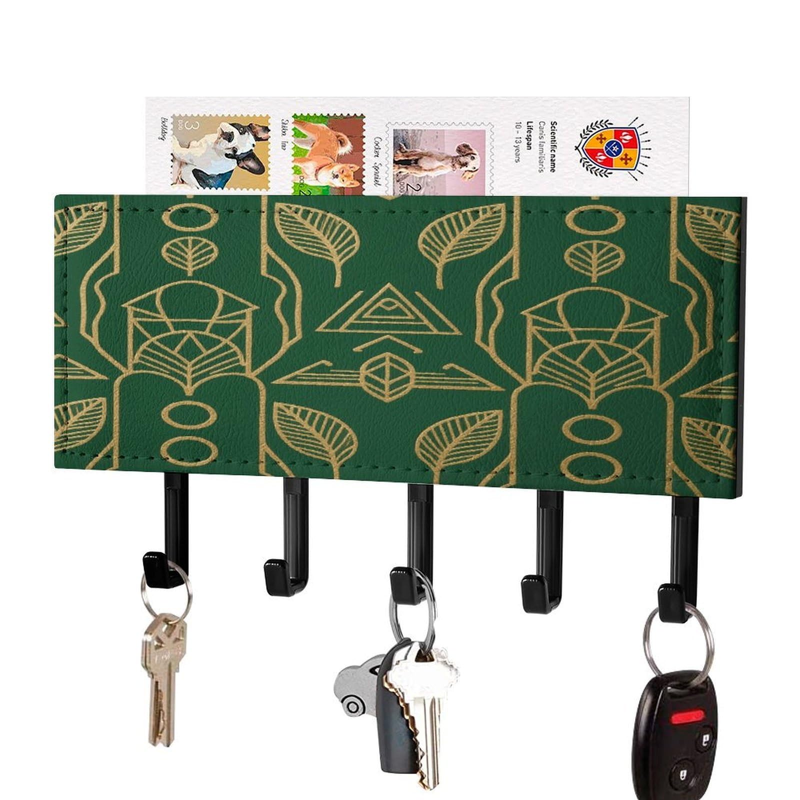Soporte para llaves de piel sintética y metal con detalles Art Deco y 5 ganchos fijos