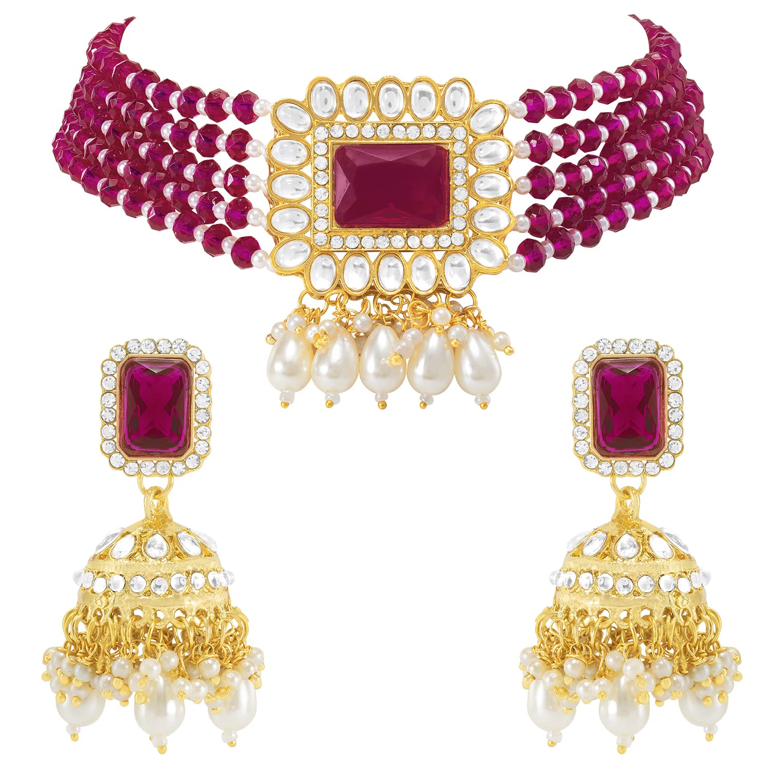 Peora Gold Plated Kundan Dangling Pearls Choker Necklace With Earrings Jewellery Set for Women (Pink) (B0B1VDRSRW) Amazon Price History, Amazon Price Tracker
