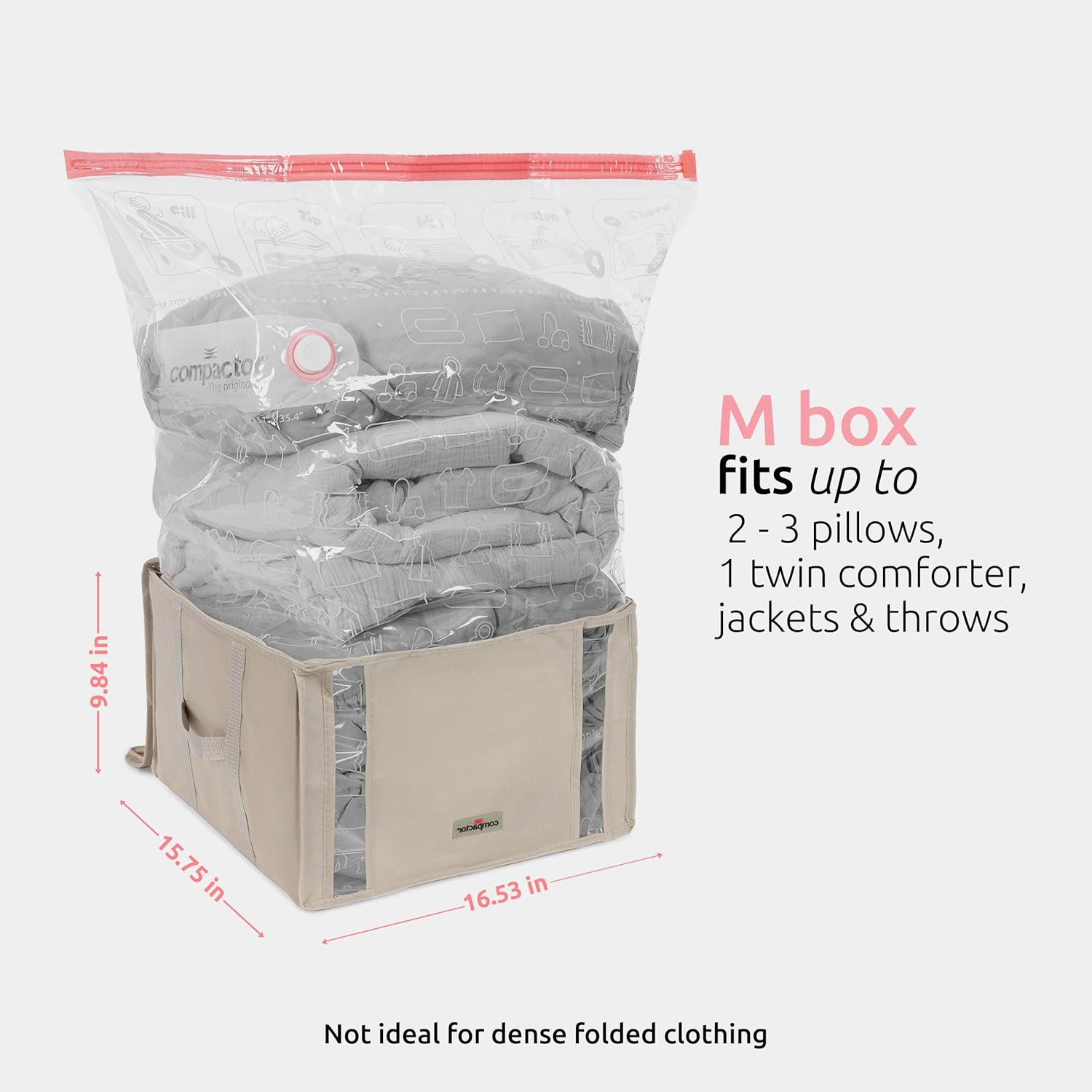 Compactor Vacuum Storage Bag with Semi-Rigid Structured Cube, Closet Organizer, Vacuum Seal Bags for Clothing and Bedding, Fits All Vacuum and Nozzle Types, 125L, Beige