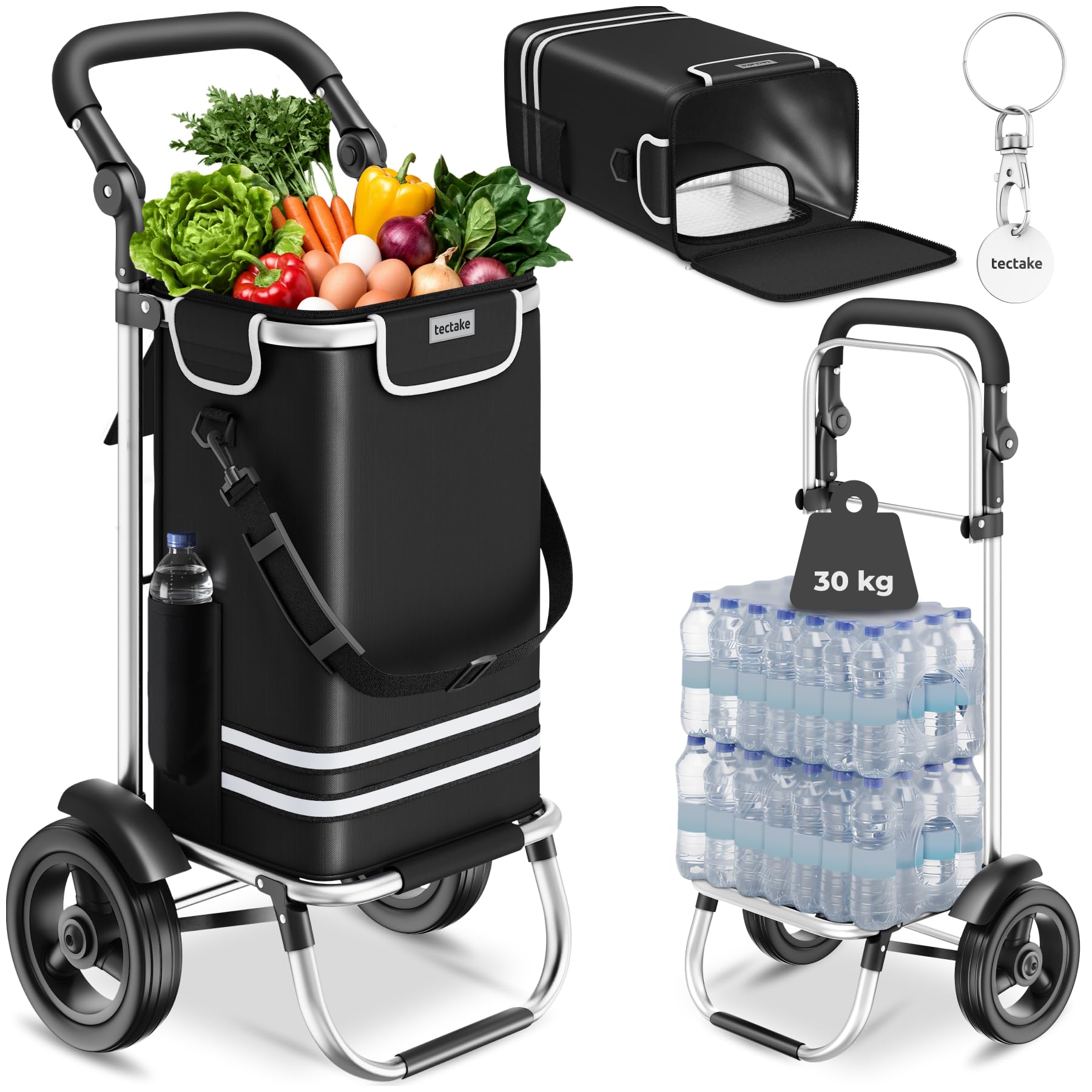 tectake® Einkaufstrolley 3-in-1 klappbar mit Kühltasche, 30 kg belastbar, 45,5 L, Einkaufsroller, Shopper, Sackkarre, Umhängetasche, Trolley Tasche, höhenverstellbarer Griff, Alu Gestell - schwarz