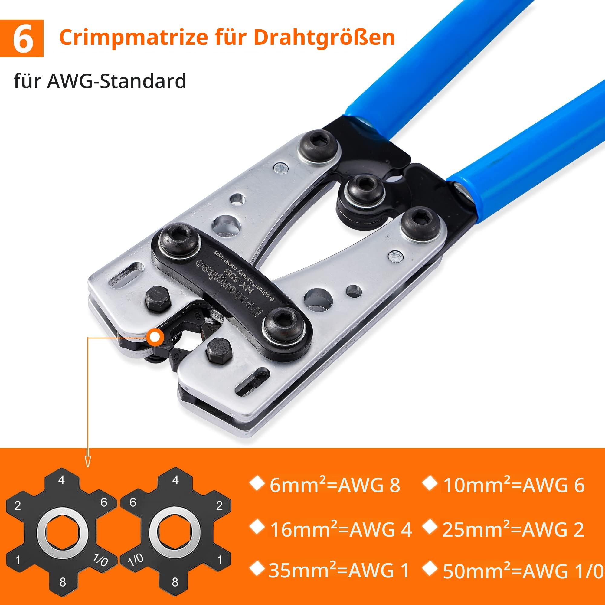 HX-50B Batteriekabelschuh Crimpzangen Handelektrikerzange zum Crimpen von Drahtkabeln von 6-50mm² (AWG 8-1/0) mit verstärkter und verdickter Metallplatte (HX50B crimper+60PCS terminals)