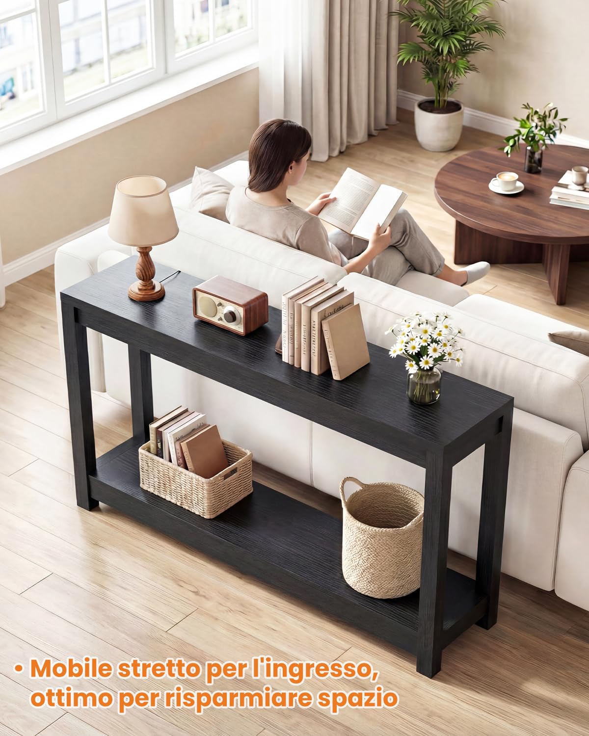 iSunirm Tavolino Console Stretto 120cm, Mobile Ingresso in Legno Stile Farmhouse, Consolle Sottile con Ripiani, Tavolo Dietro Divano o Libreria Salvaspazio, Nero Venatura a Rilievo