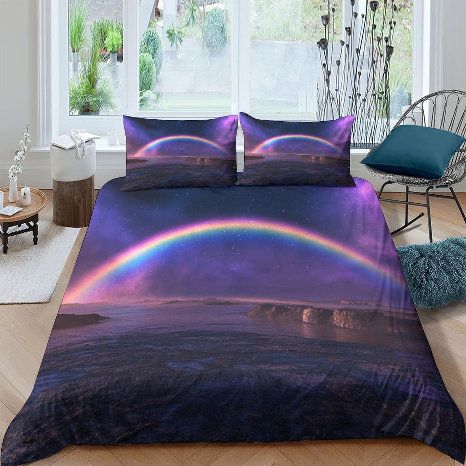 Housse de couette rainbow star 3D lit simple 3 pièces avec sa taie d'oreiller toutes saisons