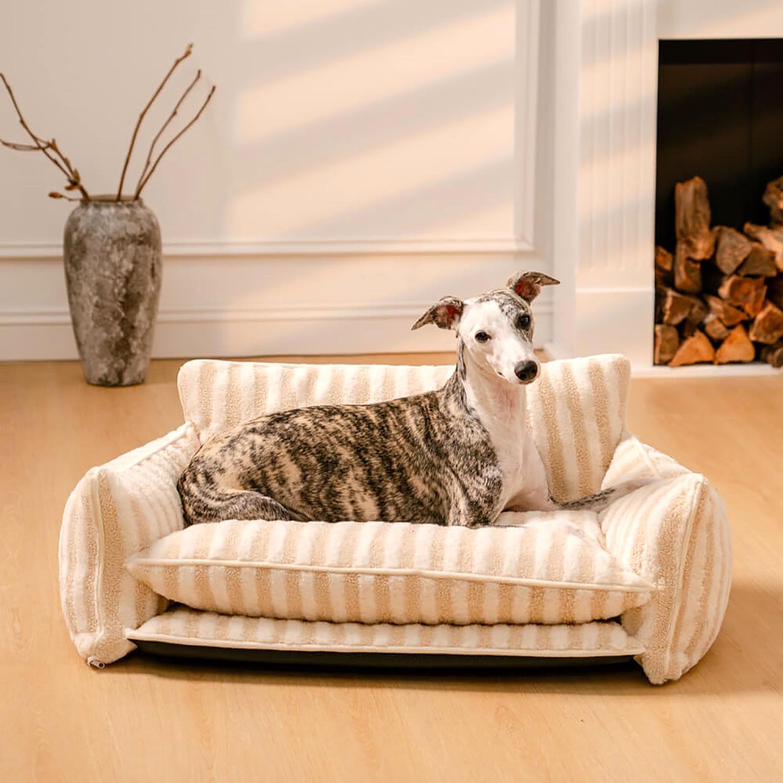 Sofás y sillas para Perros, sofá Cama de Doble Capa para Perros y Gatos, Moderno sofá Cama de Lana de Cordero a Rayas de Doble Capa para Perros y Gatos, Cama Relajante Transpirable con Fondo