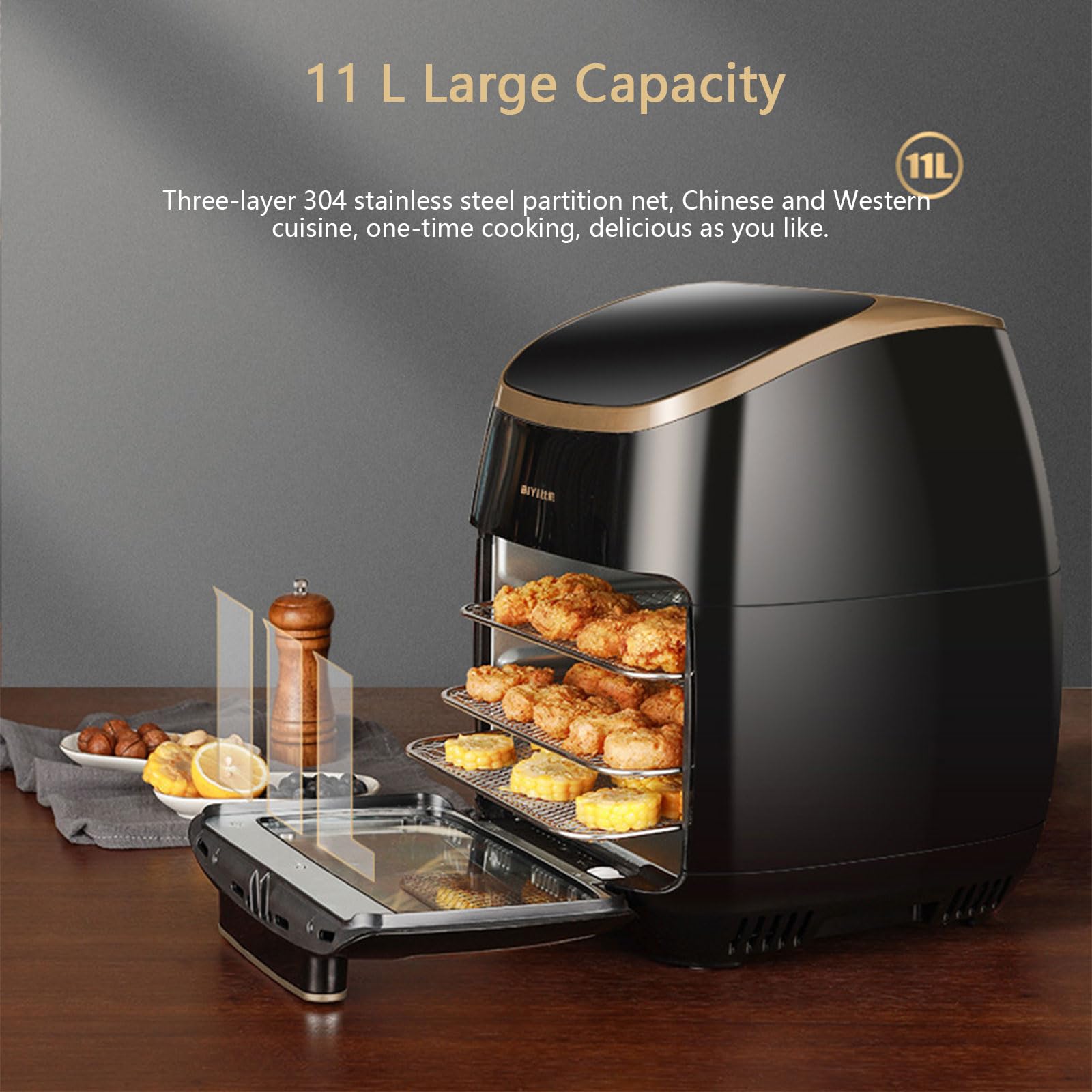 ZbOLi Forno Friggitrice ad Aria da 11 Litri, Forno per Pizza Digitale da 2000 W con Controllo della Temperatura 30-200 ℃, Meno Friggitrice ad Olio Luce Ambientale a Risparmio Energetico Incorporata