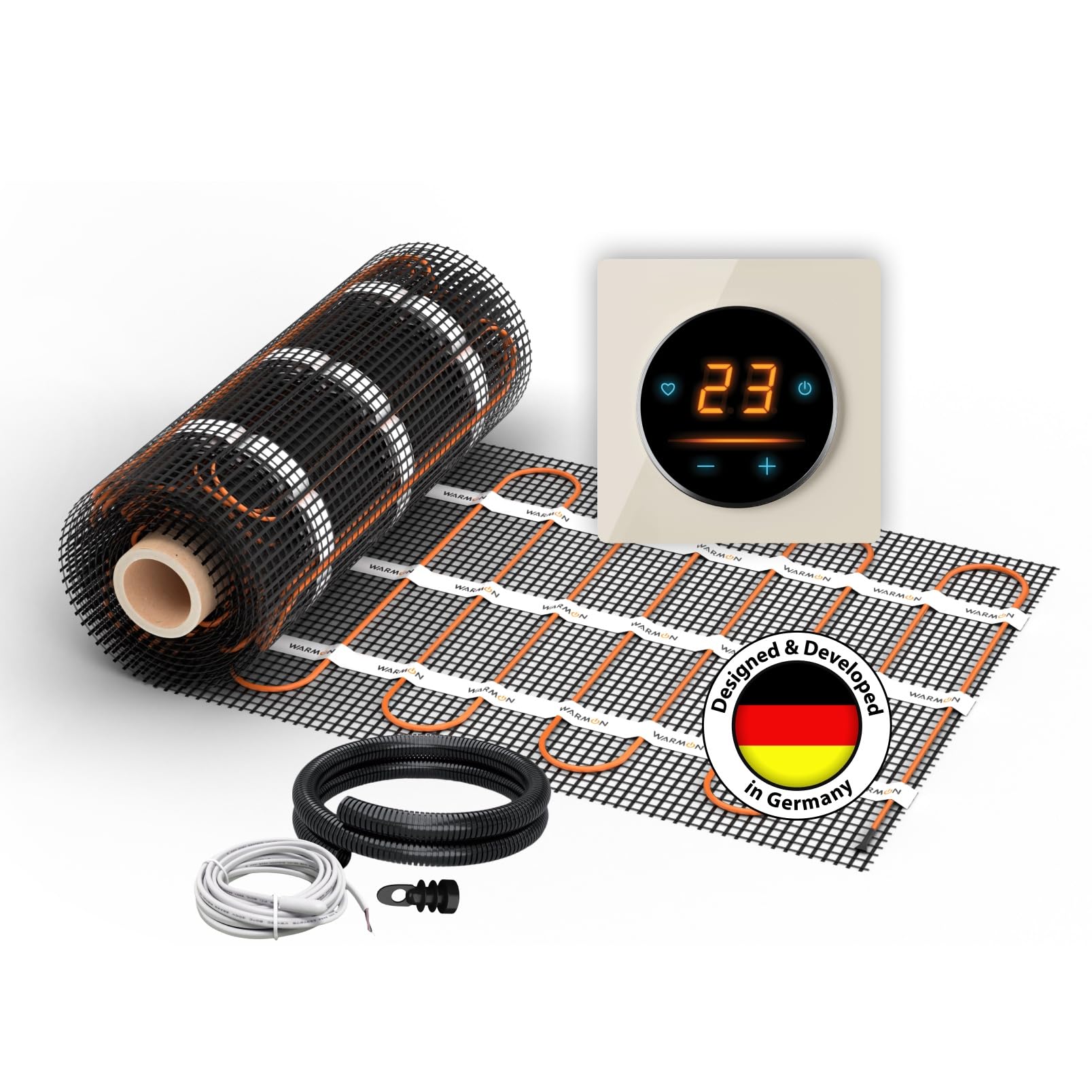Riscaldamento a pavimento elettrico: tappetino riscaldante a due fili WARMON ULTRA 200 W/m² con termostato WiFi OKE-25 Touch e cornice di copertura in vetro Garda Glass nero, termostato: OKE25 Garda