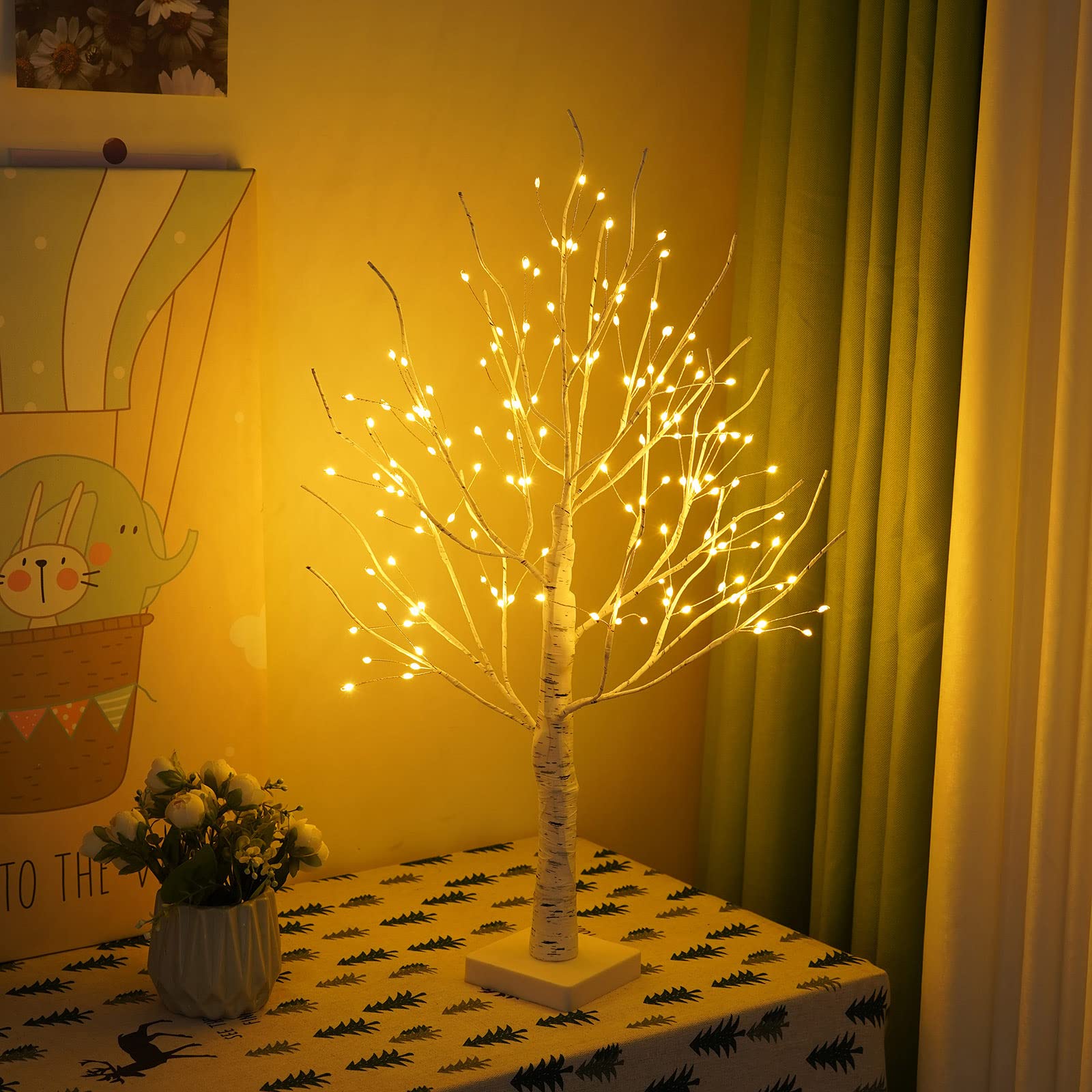Pcscevcr Christmas Birch Tree with Lights, 2FT Pre-lit Birch Bonsai Tree with 144LED Lights, Battery Operated, Christmas Home Party Wedding Decor