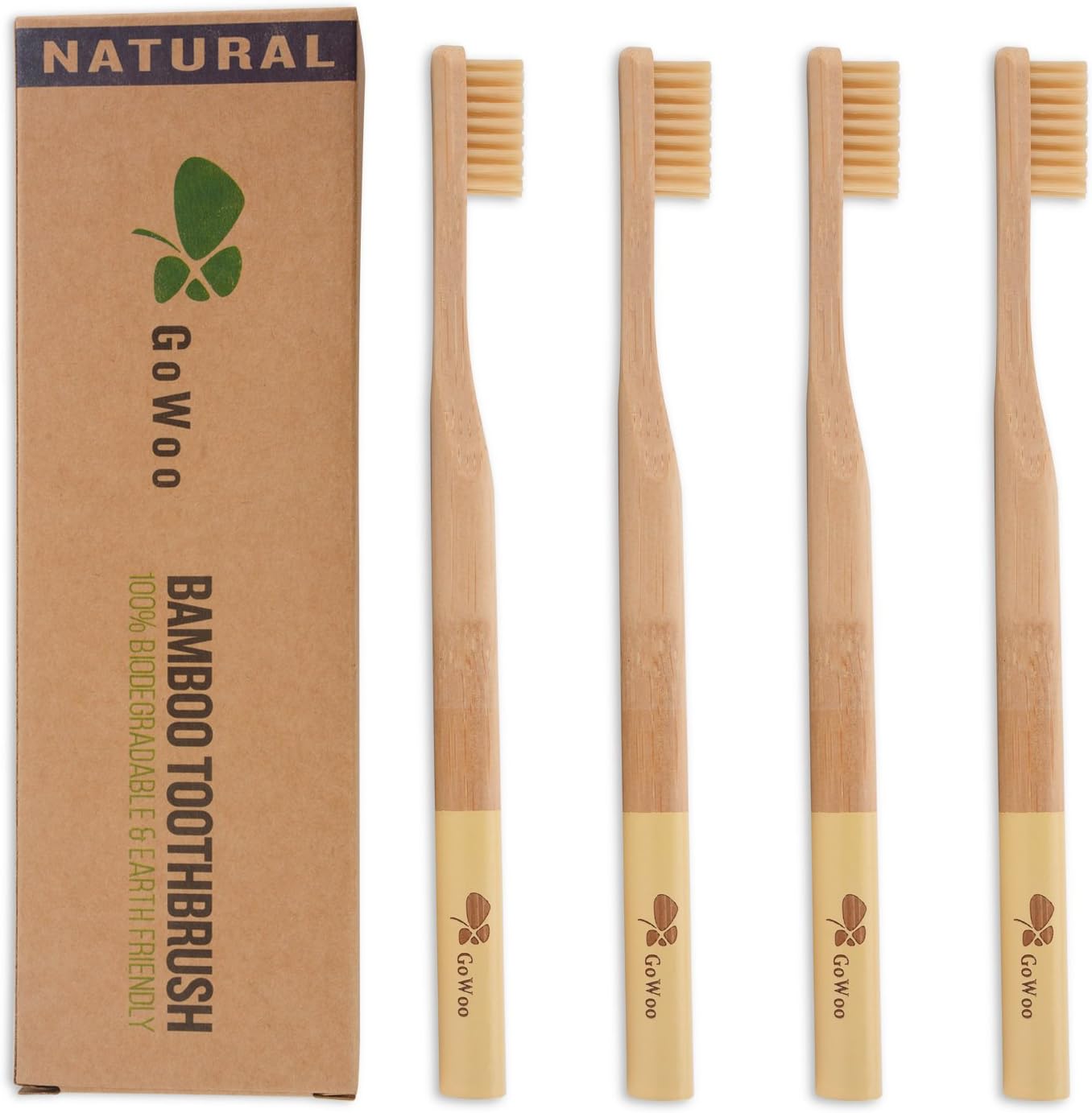 GoWoo100% Natural Bamboo Toothbrush Soft - Organic Eco Friendly Toothbrushes with Soft Nylon Bristles, BPA-Free, Biodegradable, Dental Care Set (Pack of 4, Adult, Beige)