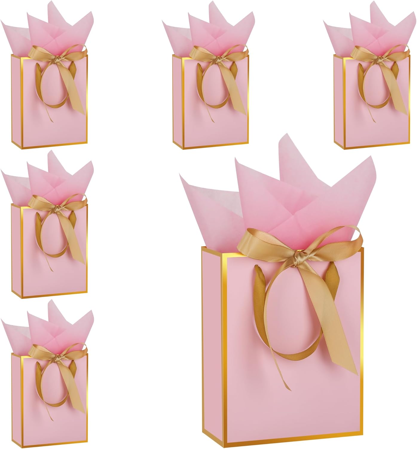 STOBOCTER 6 Pcs Thank You Gift Bags with Handles and Tissue Paper 9 x 7 x 3. 15'' Metallic Welcome Gift Bags with Bow Ribbon for Wedding Bridal Baby Shower Housewarming Birthday Party(Pink, Gold)