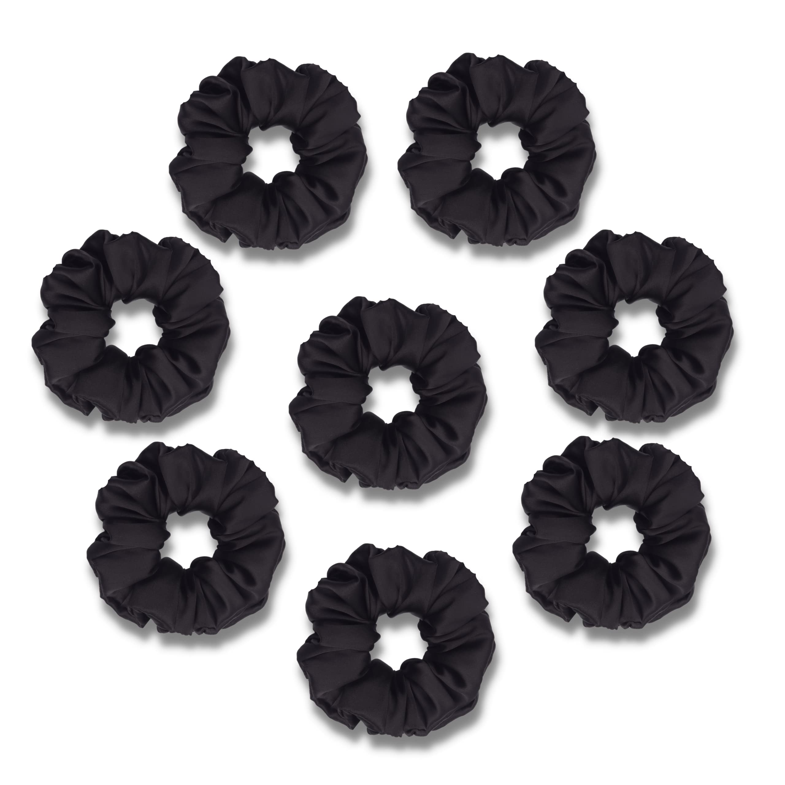 Black Satin Scrunchies For Women and Girls, Scrunchy Hair Band, Ponytail Holder, Rubber Band, Fluffy Scrunchies, Girls Hair Accessories, Extra Large-Size, XL Pack of 8