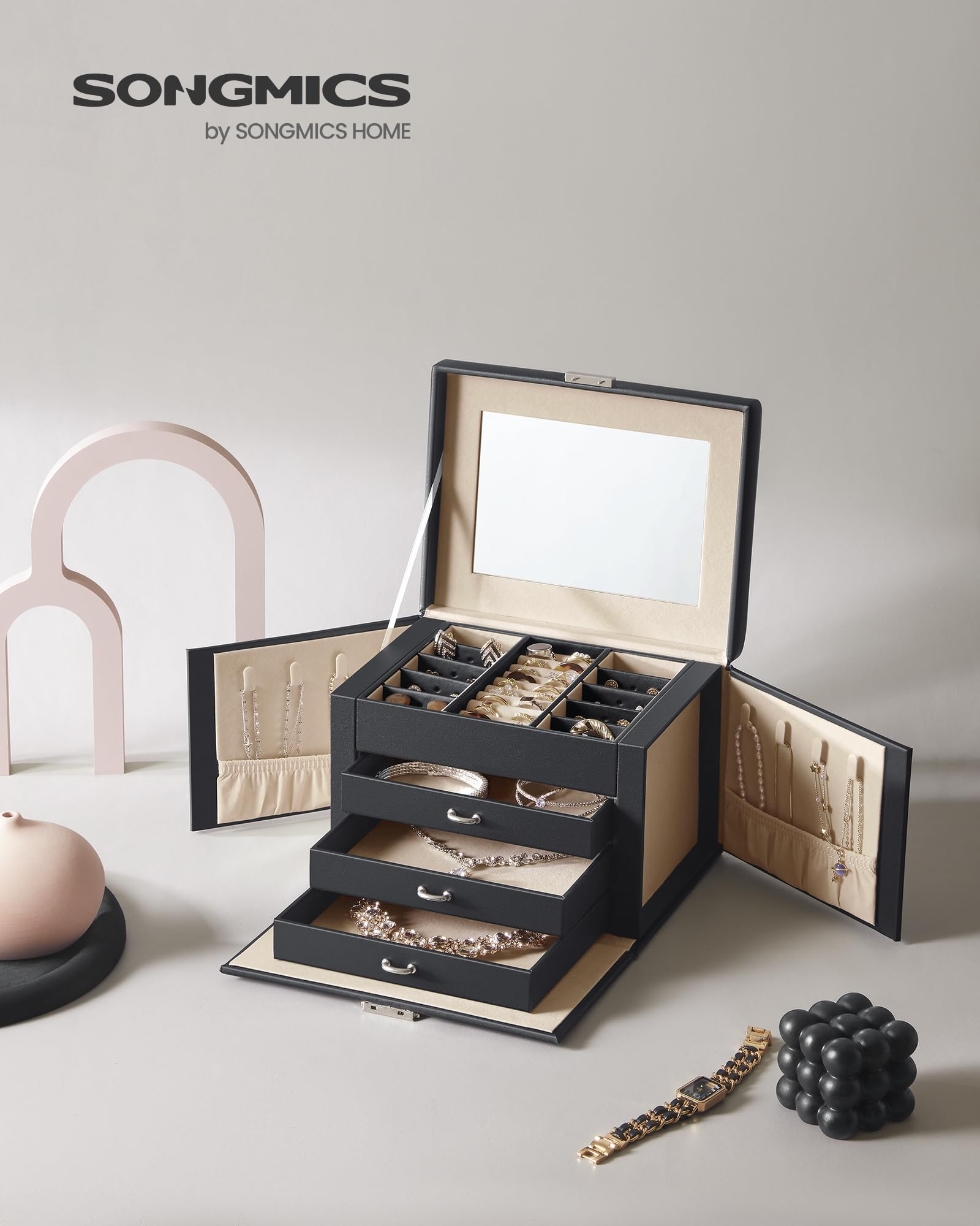 SONGMICS Boîte à Bijoux 4 Niveaux, Écrin à Accessoires avec 3 Tiroirs, Coffre de Rangement, Poignées, Miroir Intérieur, Verrouillable, Rangement pour Bijoux, pour Montres, Noir d'Encre JBC159B01