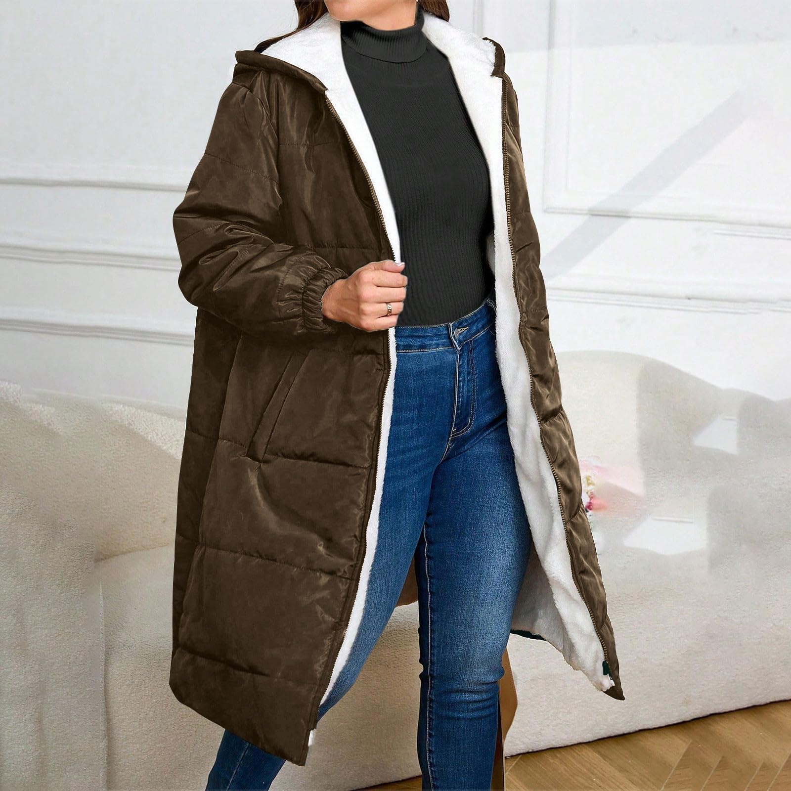 Abrigos largos de invierno para mujer, chaqueta acolchada con forro polar, elegante abrigo acolchado de línea larga para mujer, gabardina acolchada con cremallera con capucha, estilo casual al aire