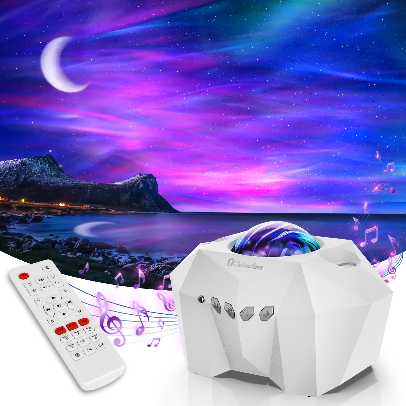 Aurora Lights Star Projector, Seianders Galaxy Projector with Remote Control, Sky Night Light Projector for Kids Adults, Bluetooth Music Speaker, Room Decor for Bedroom/Ceiling/Party/Home (White)