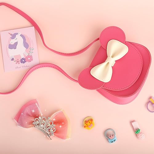 Miniatura 6 de Encantador juego de regalo de cumpleaños y juguete para niñas, mini monedero rosa con accesorios para el cabello clips, pasadores, corbatas y lazos
