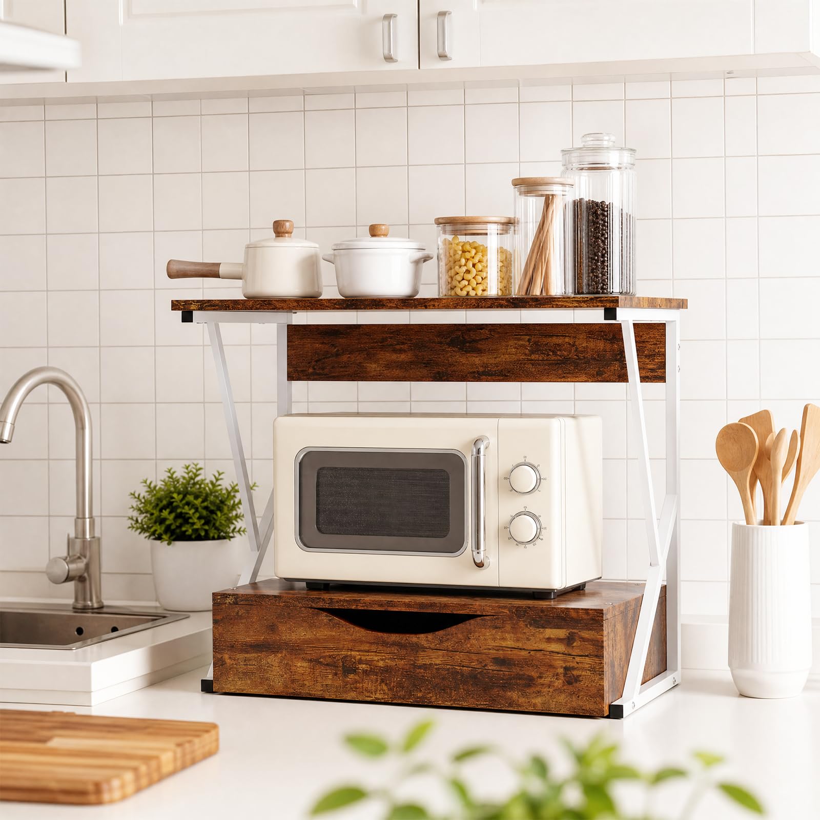Étagère pour Micro-Ondes, Structure en métal avec étagère en Bois MDF et tiroir Organisateur, Porte-ustensiles de Cuisine, Design Moderne, 54 x 35 x 50 cm-Bois brûlé