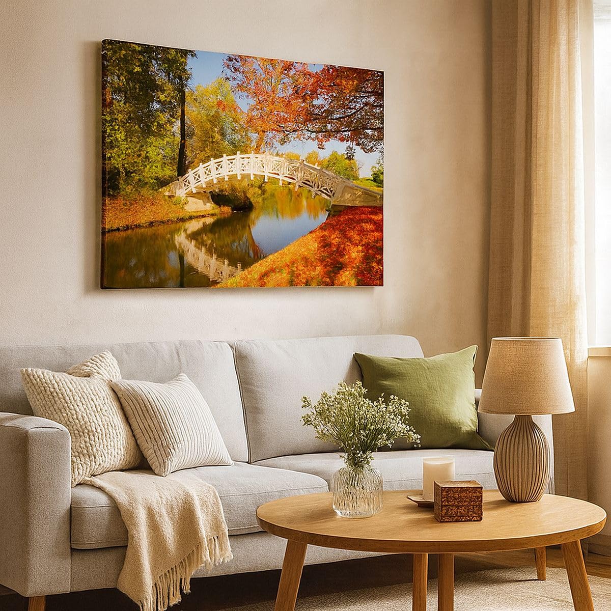 Cuadro Decorativo 100x70cm Moderno Horizontal Paisajes Puentes - 2654 | Arroyo Puente peatonal Otoño Cuadro sobre Lienzo Grande Arte mural Decoración del Hogar Salón Dormitorio Cuadros de Pared