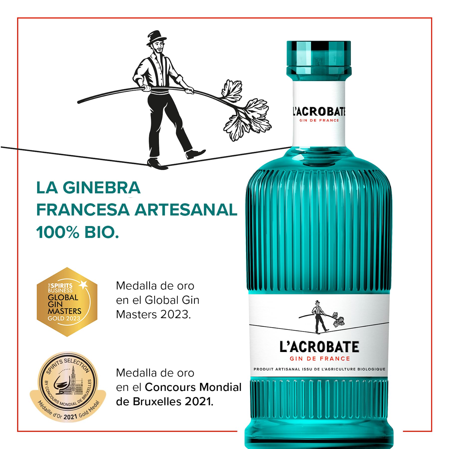 L'ACROBATE - Gin Bio - Gin Artesanal Francés - Origen Francia - Medalla de Oro 2021 Concours Mondial de Bruxelles - 44% De Alcohol - Botella 700 ml