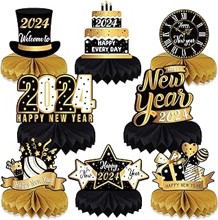 New Year Eve Honeycomb Centerpieces Table Decorations - 8pcs Happy New Year Theme Table Toppers | Happy New Year Eve Decorations 2024 | NYE New Years Eve Table Centerpieces | New Years Eve Party Supplies 2024