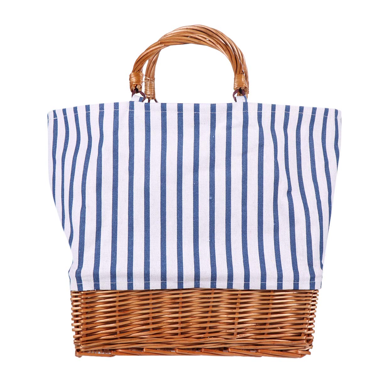 balacoo Borsa a Mano in Rattan e Tela, Semplice, per Shopping Donna | Cotone Lino Leggero, Facile da Pulire, Ecologica, Blu, Manico Superiore, Stile Unico, Uso Quotidiano