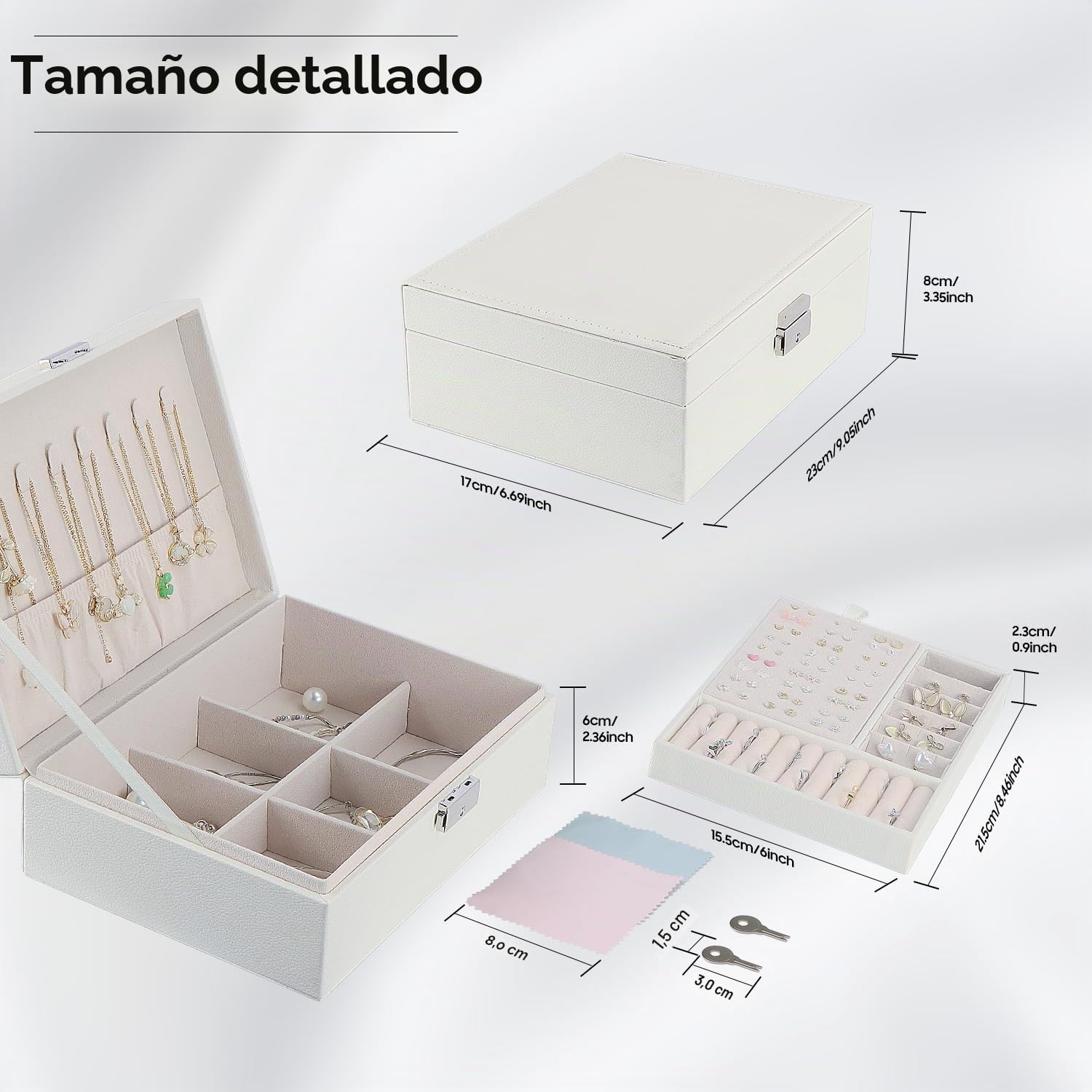 TEIVUL Joyero de piel sintética de 2 capas con llaves y paño de limpieza para anillos aretes collares