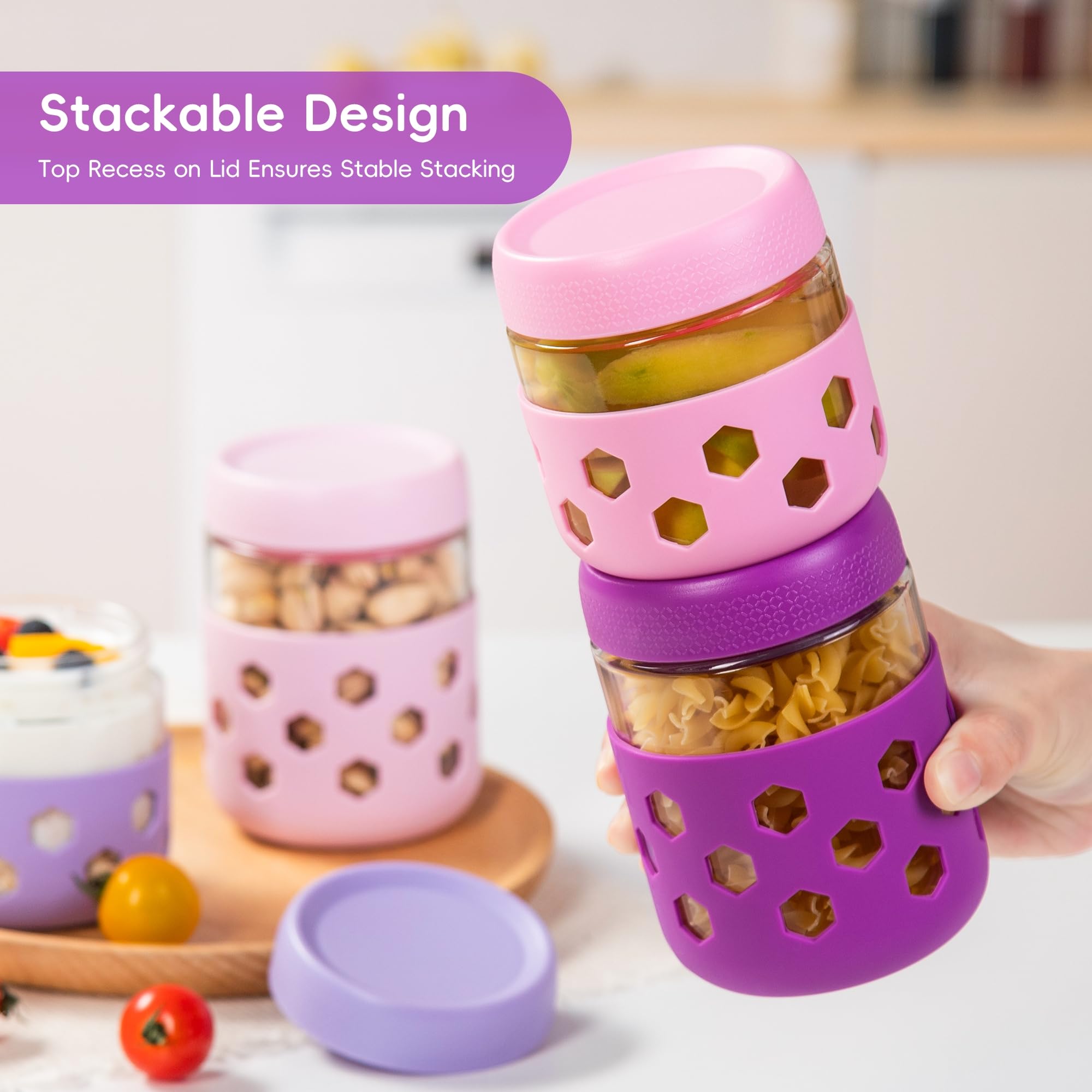 Gemice Paquete de 8 tarros de vidrio para avena nocturna con fundas de silicona, recipientes de avena de 500 ml y 300 ml con tapas, macetas de desayuno para ensalada, tarros Mason para pudín de chía