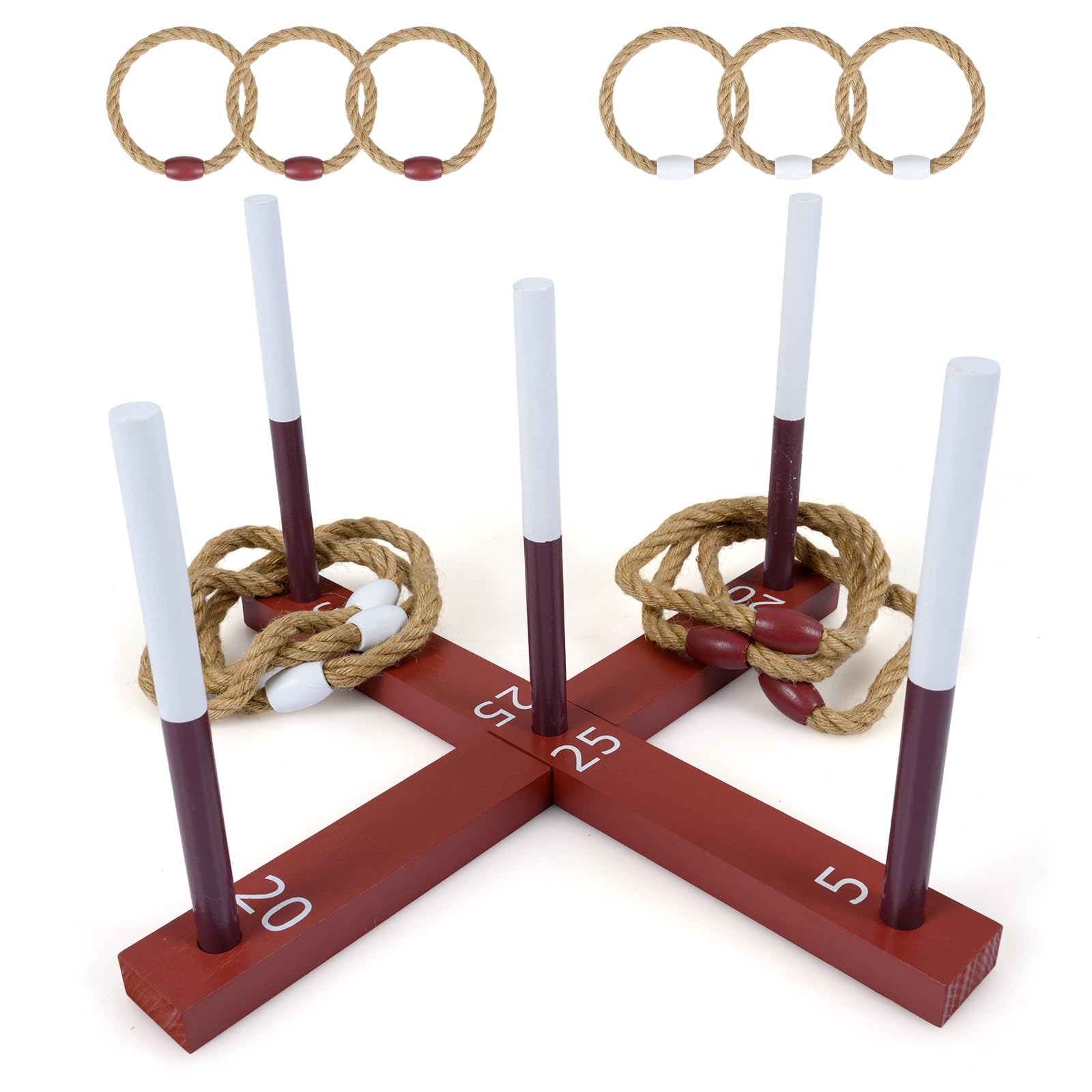 COSTWAY Ring Toss Game for Kids & Adults, Wooden Quoits Games Set with Rope Rings, Indoor Outdoor Portable Throwing Game Toy for Beach Backyard Picnic Party (Reddish-Brown, 40 x 40 x 22cm, 6 Rings)