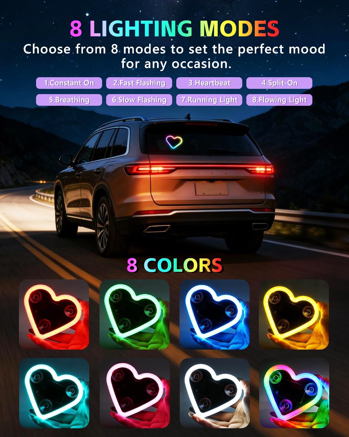 1PCS Car LED Ambient Lights, Car Triangle Window Solar-Powered Heart Shaped Atmosphere Light with 8 Switchable Lighting Modes, Rechargeable Romantic Neon Heart Light for Interior Car(Colorful)