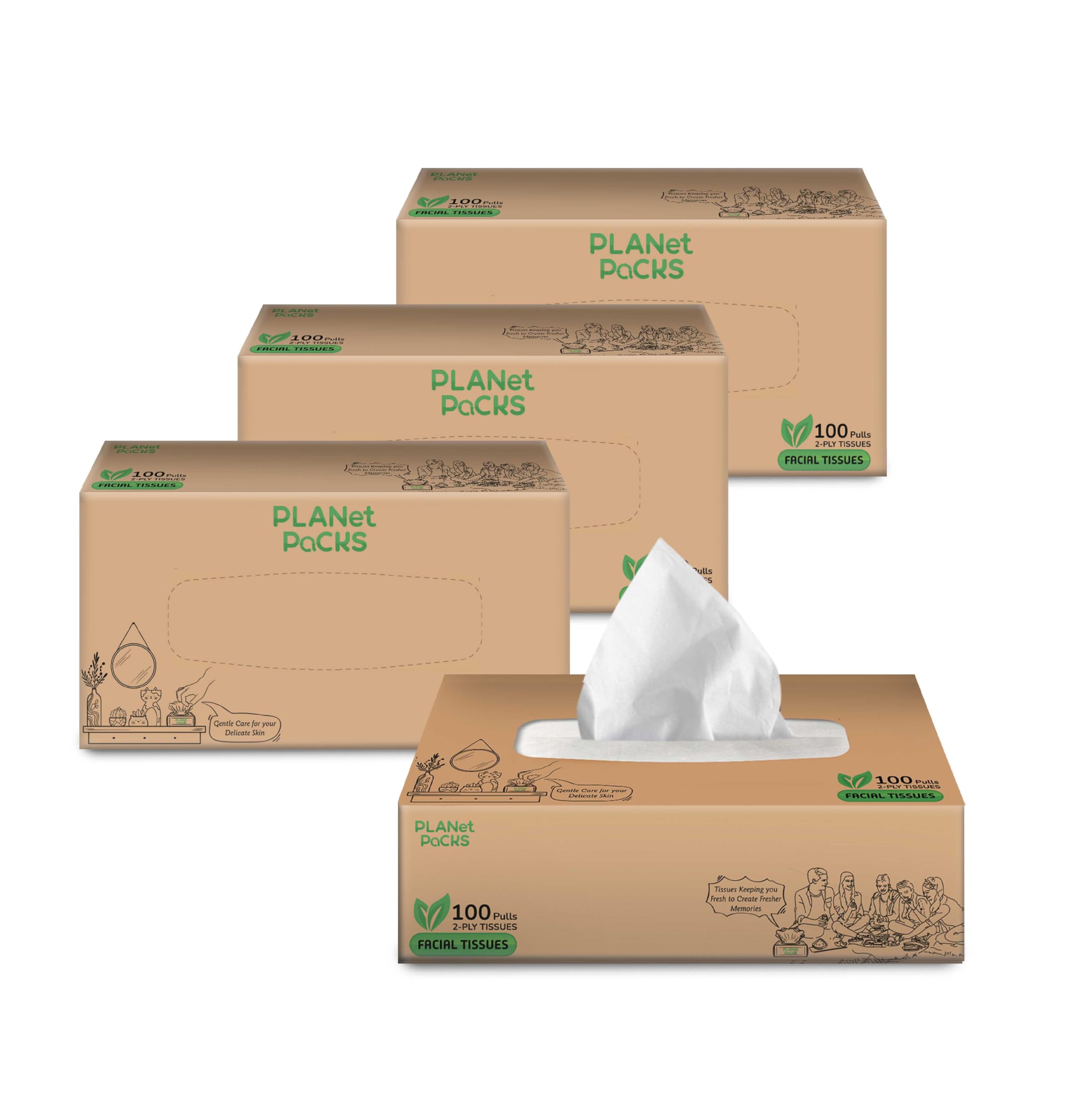 Planet Packs | Facial Tissues 2 ply 100 pulls | Pack of 4 (400 pulls) | 100% Natural Virgin Paper | Soft, Ultra-Absorbent, Strong, & Eco-friendly | For Gatherings, Travel, Home, & Office-image-12