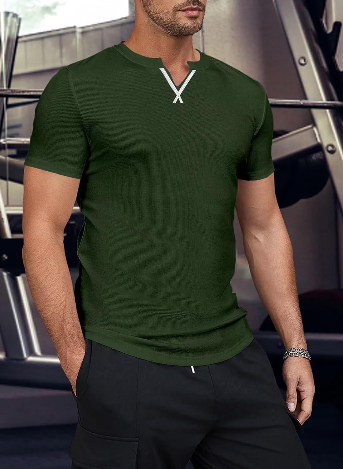 Men's Muscle Shirt V Neck Slim Longline Short Sleeve Henley Shirt Gym Workout Athletic Tees Mens Tights for Sports