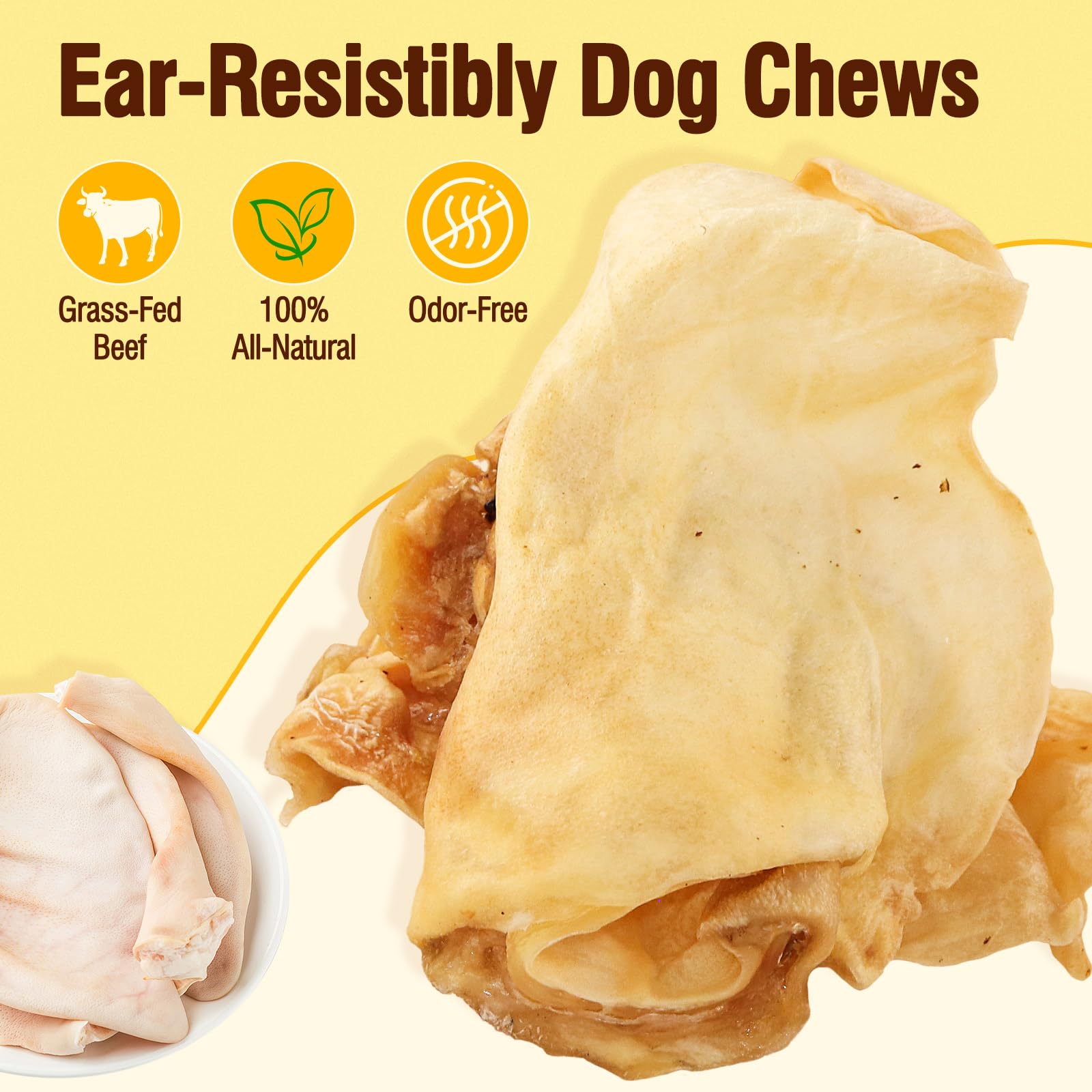 Oreilles de Vache 100% Naturelles pour Chiens - Friandises dentaires à ingrédient Unique, Longue durée, pour Toutes Les Races (Petites/Moyennes/Grandes) | Riches en protéines, faciles à digérer，120G
