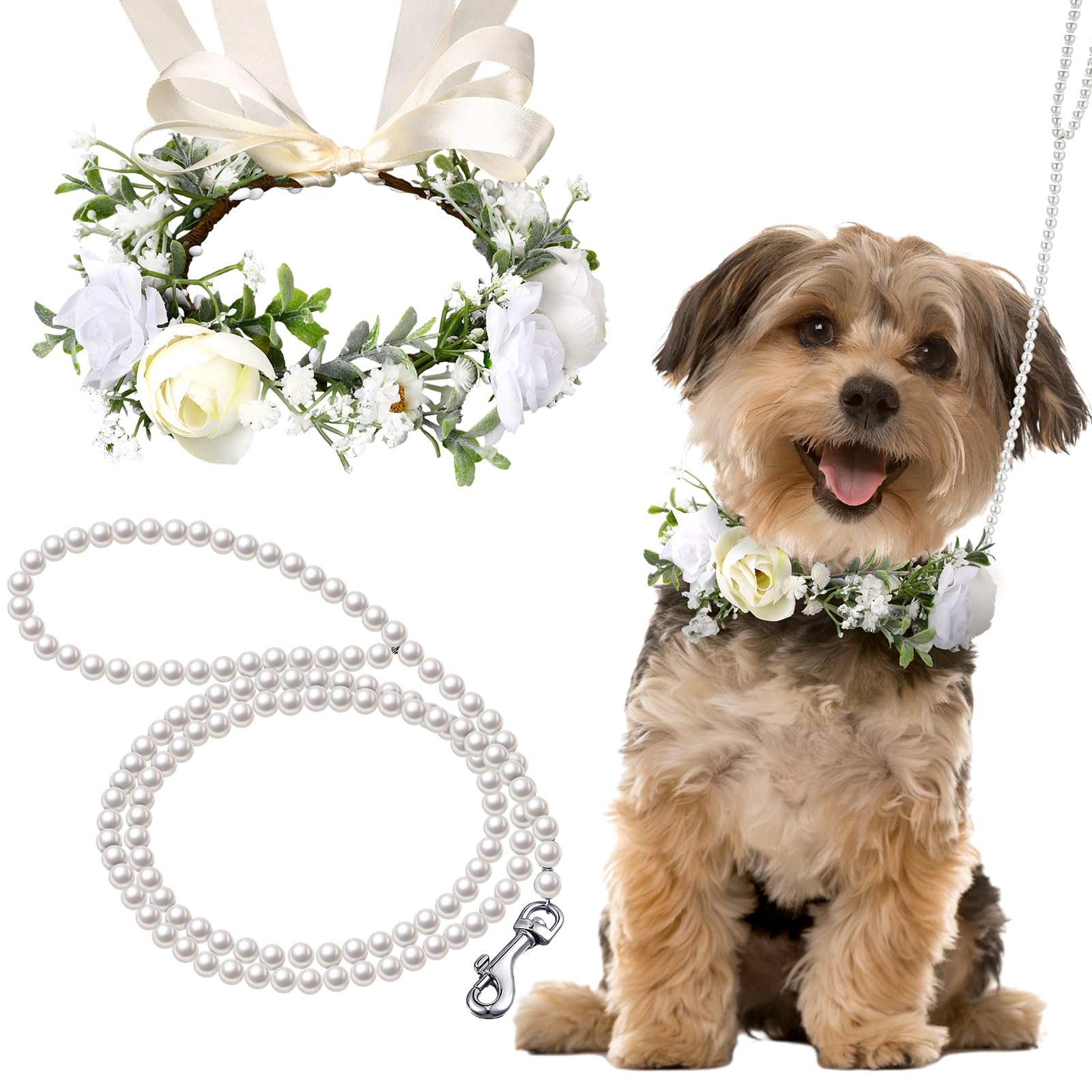 Photo 1 of Shinylin 2 Pcs Dog Flower Collar Wedding and Leash Set Pearls for Dogs 120 cm 4 ft Pearls Beaded Dog Leash Dog Collar Bows for Wedding Adjustable for Medium Dogs Floral Collars Pet (Small)