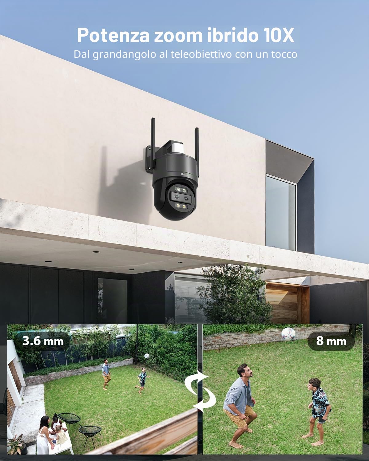 Ctronics 2.5K 4G LTE Telecamera da Esterno con Doppio Obiettivo, Zoom Ibrido 10X, Auto-Tracking, Visione Notturna a Colori 30m, Rossa/Blu, PC/App, NVR/FTP, Cloud/TF 128GB, Parete & Soffitto