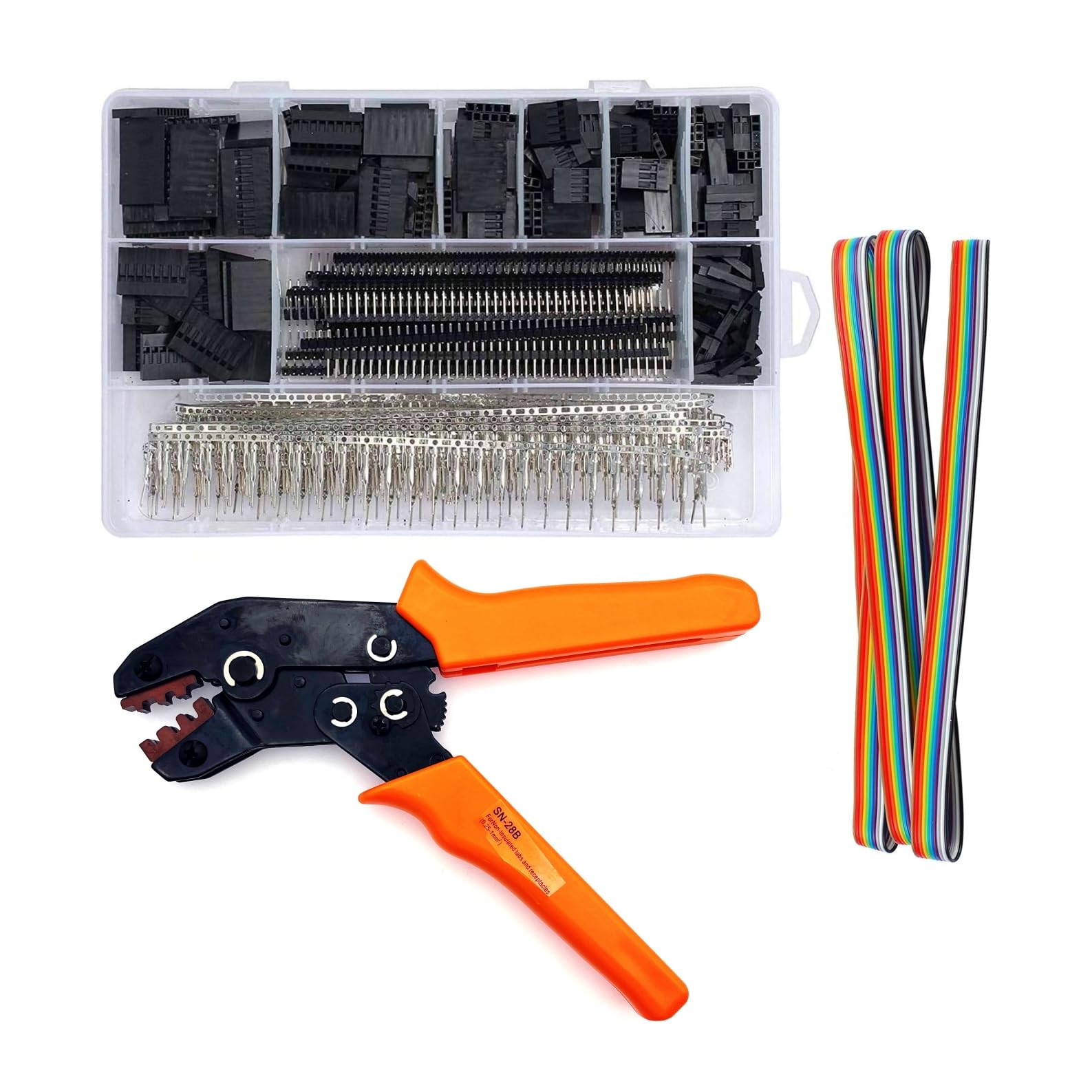 JZK Dupont Pince à Sertir à Cliquet SN-28B Pinces avec Dupont Homme Femme épingle Kit de Connecteurs Broche 2.54mm Embouts Assortis Câble Plat à Douille Outil de Sertissage