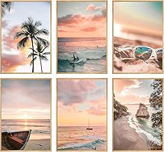 ملصقات جدارية فنية للشاطئ والصيف والمحيط الاستوائي الساحلي لديكور الحائط وشجرة النخيل ولوح التزلج والسفينة والنظارات الشمسية والجزيرة والمنظر البحري وغروب الشمس، صور مطبوعة باللون الزهري العصري للسكن